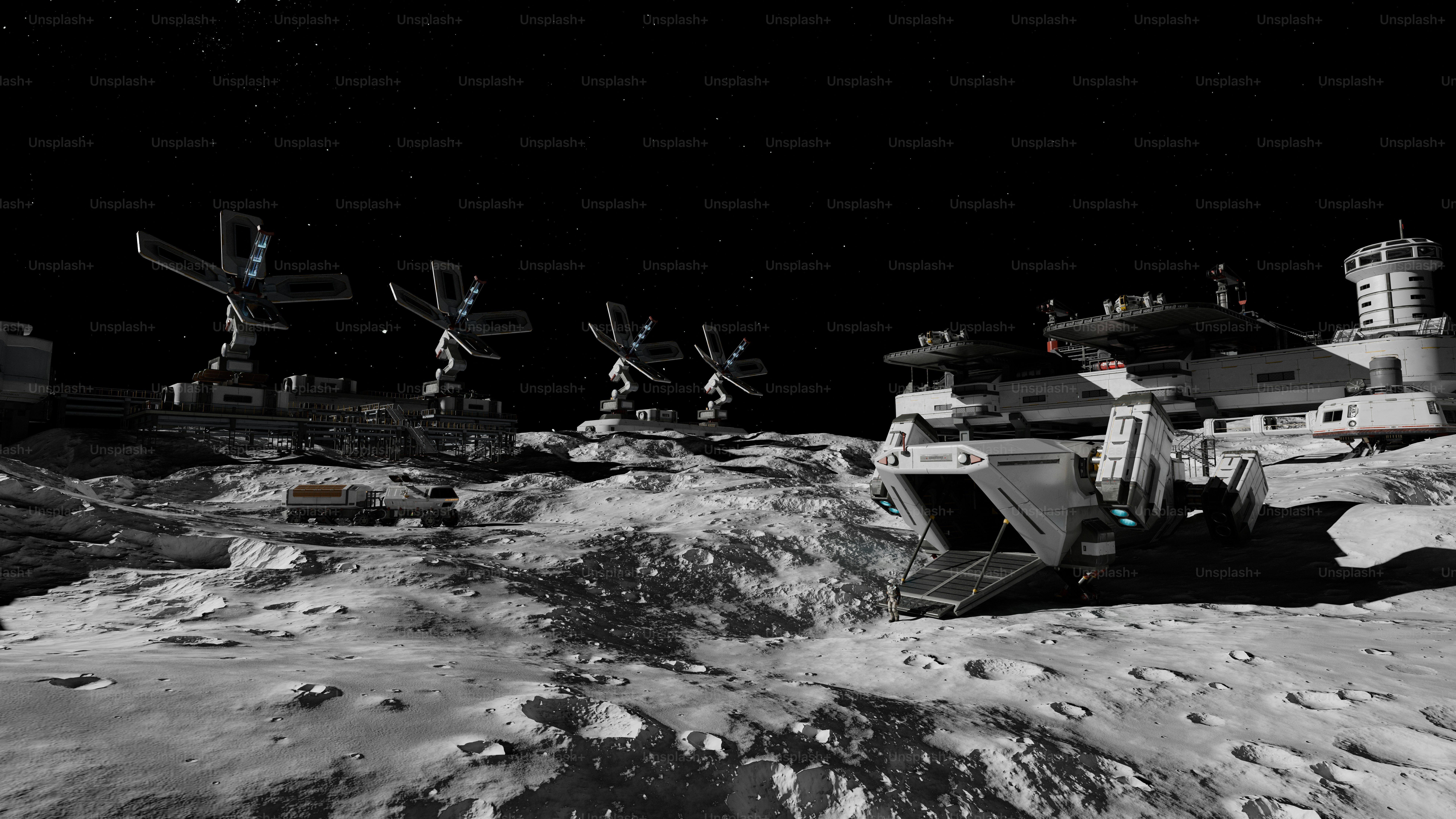 Un puesto lunar desolado con antenas parabólicas bajo estrellas