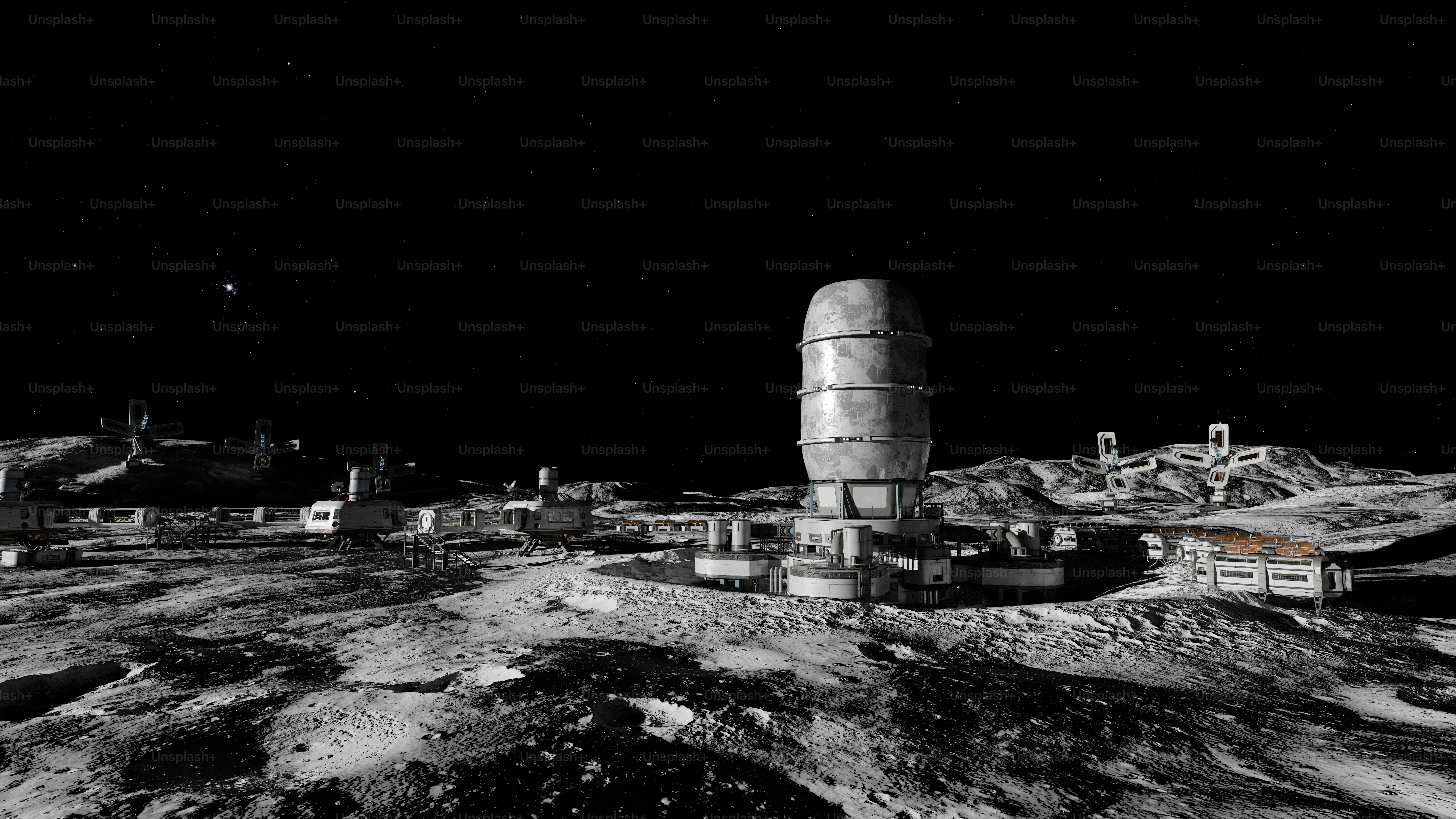 Una base lunar futurista con estructuras en la luna.