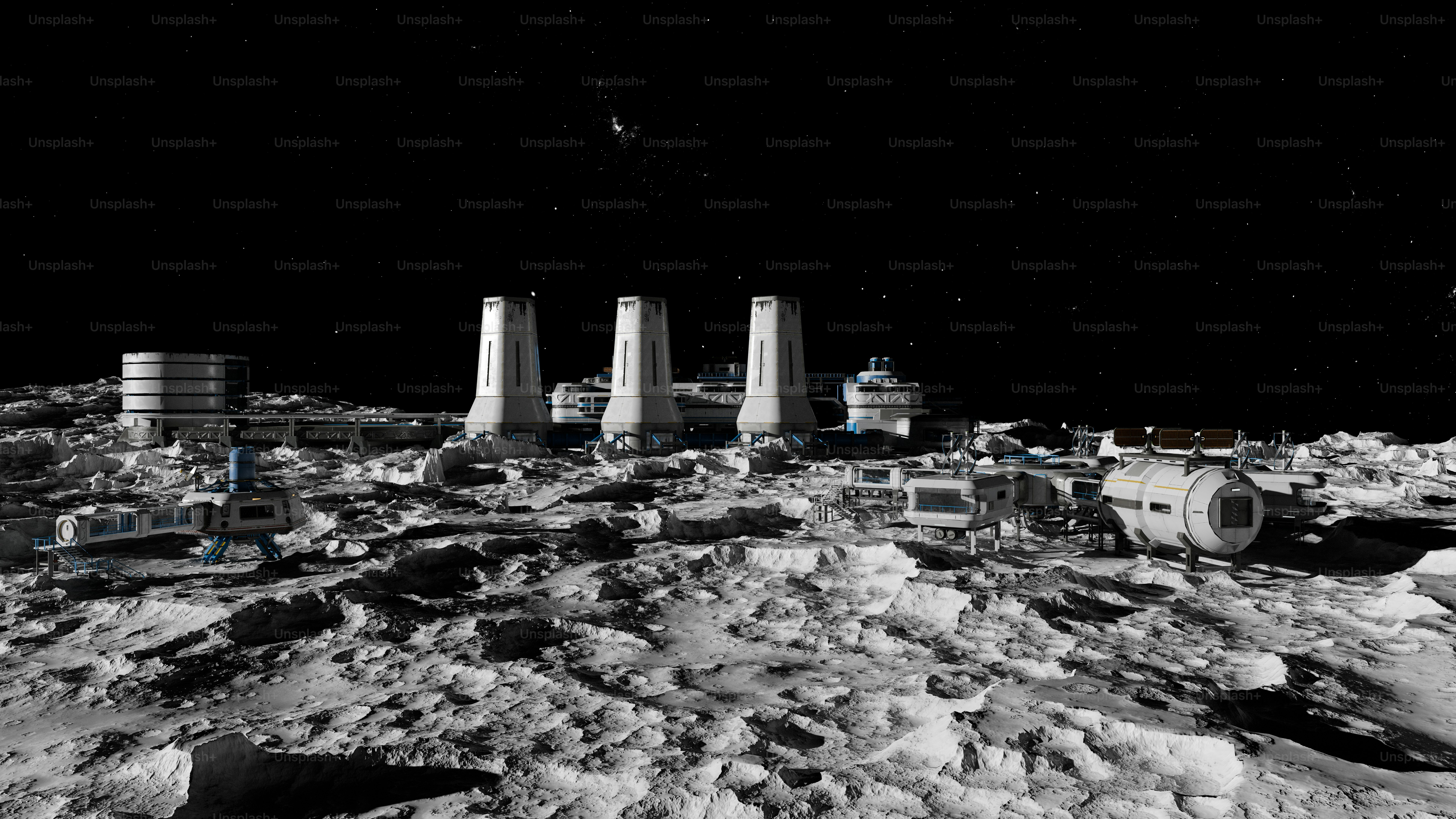 Colonia lunar futurista con altas torres bajo cielo estrellado