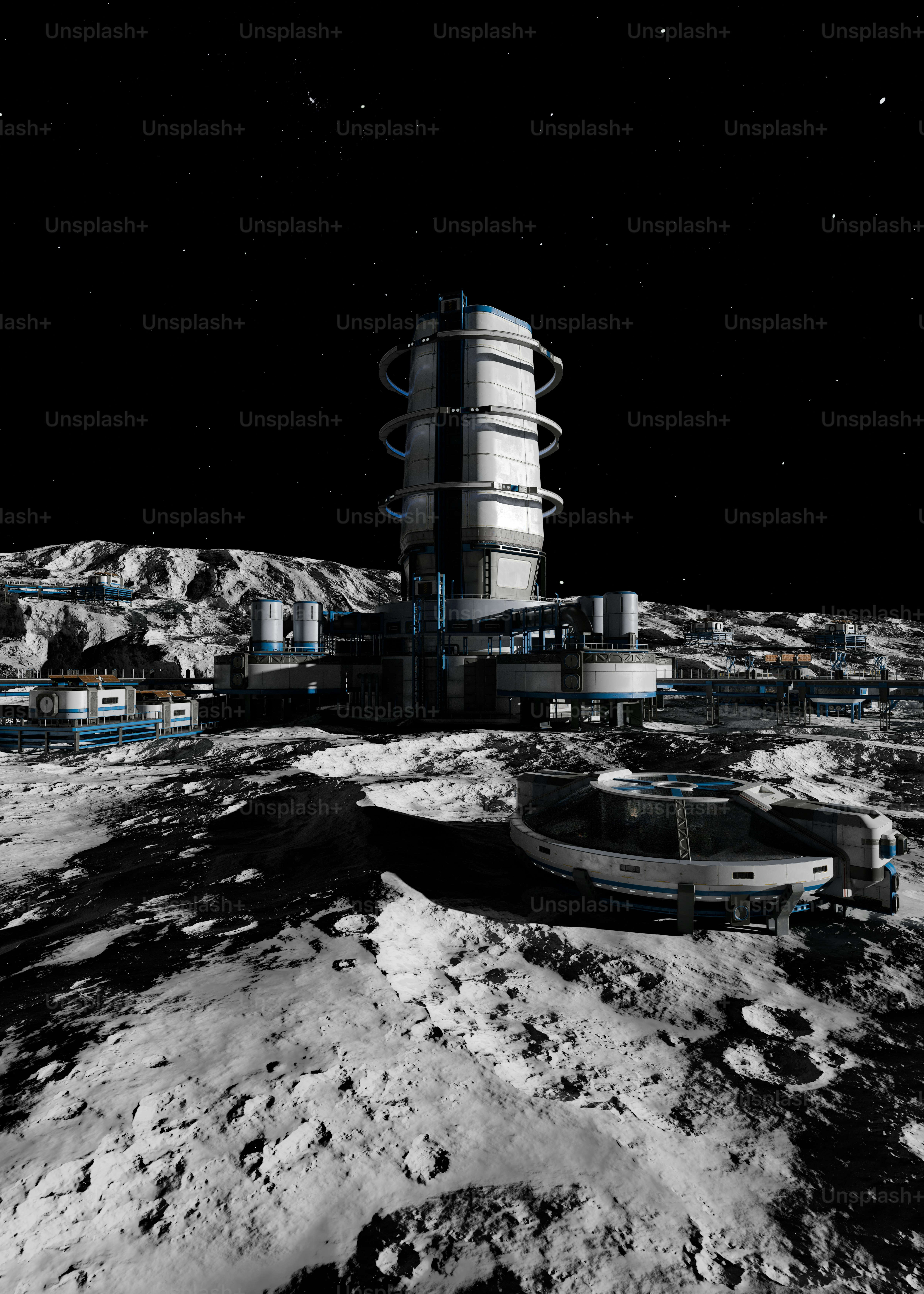 Base lunar futurista con arquitectura moderna bajo cielo estrellado
