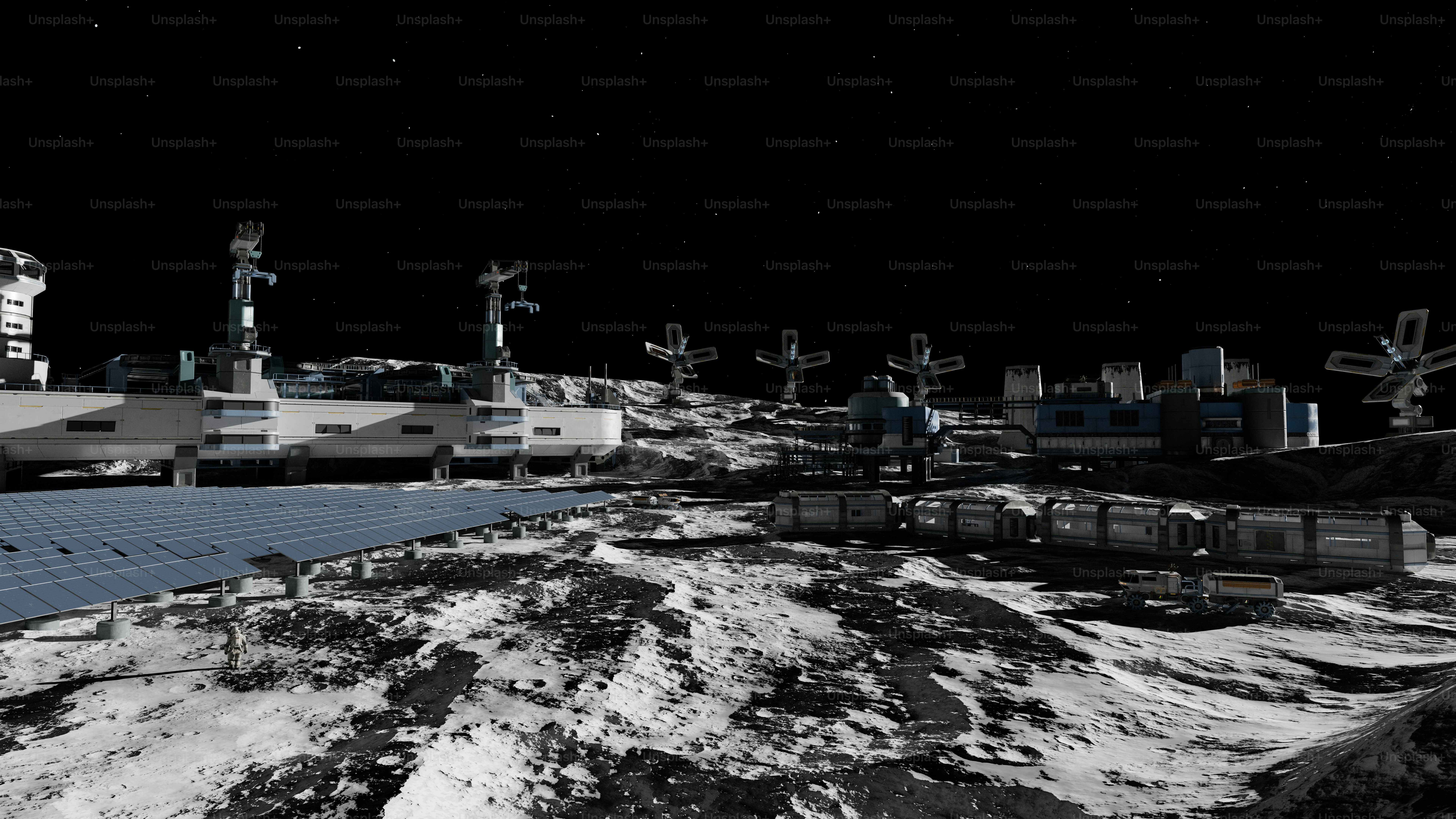 Base lunar con paneles solares y estructuras bajo cielo estrellado