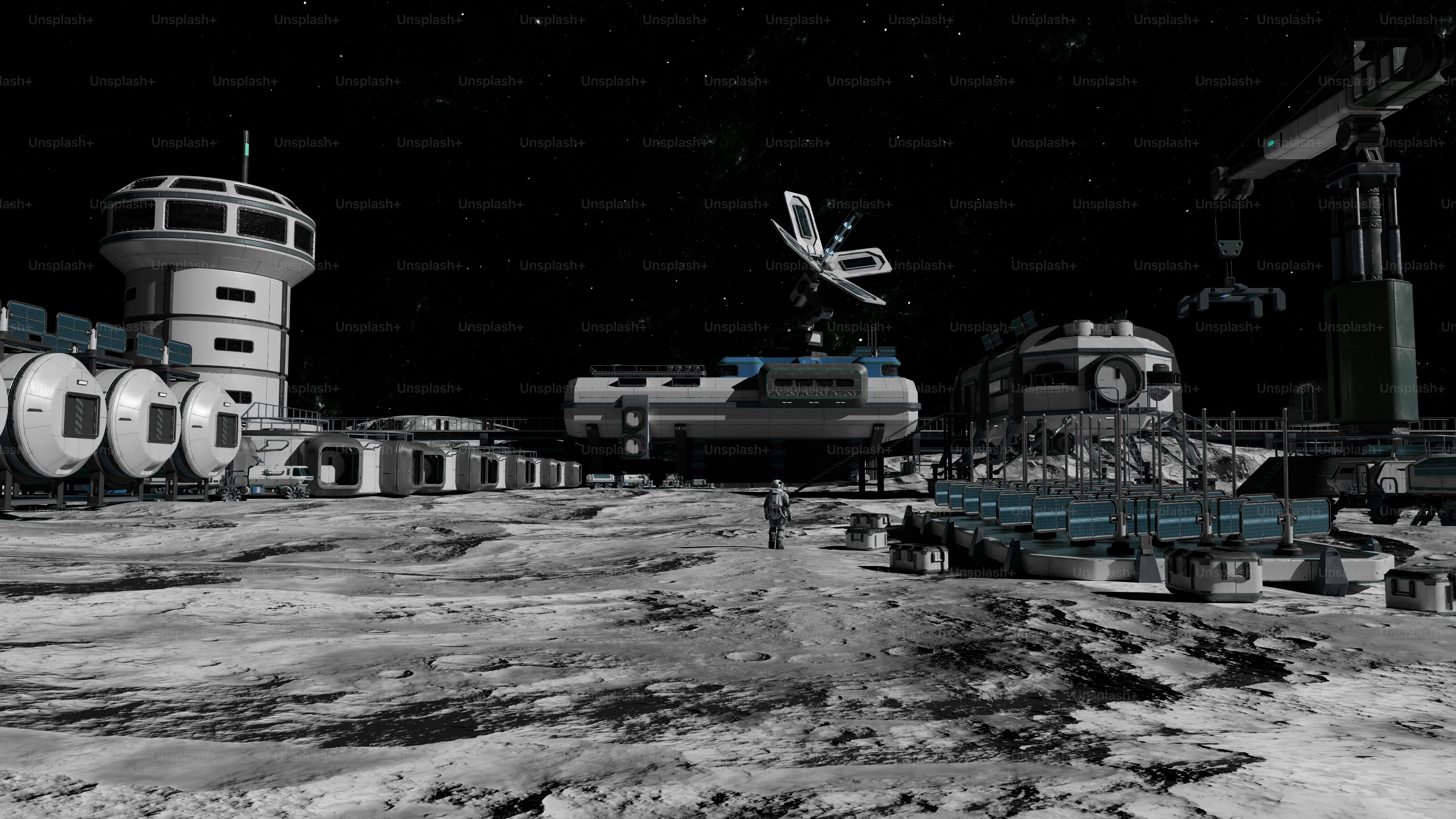 Base lunar con estructuras y naves espaciales bajo cielo estrellado