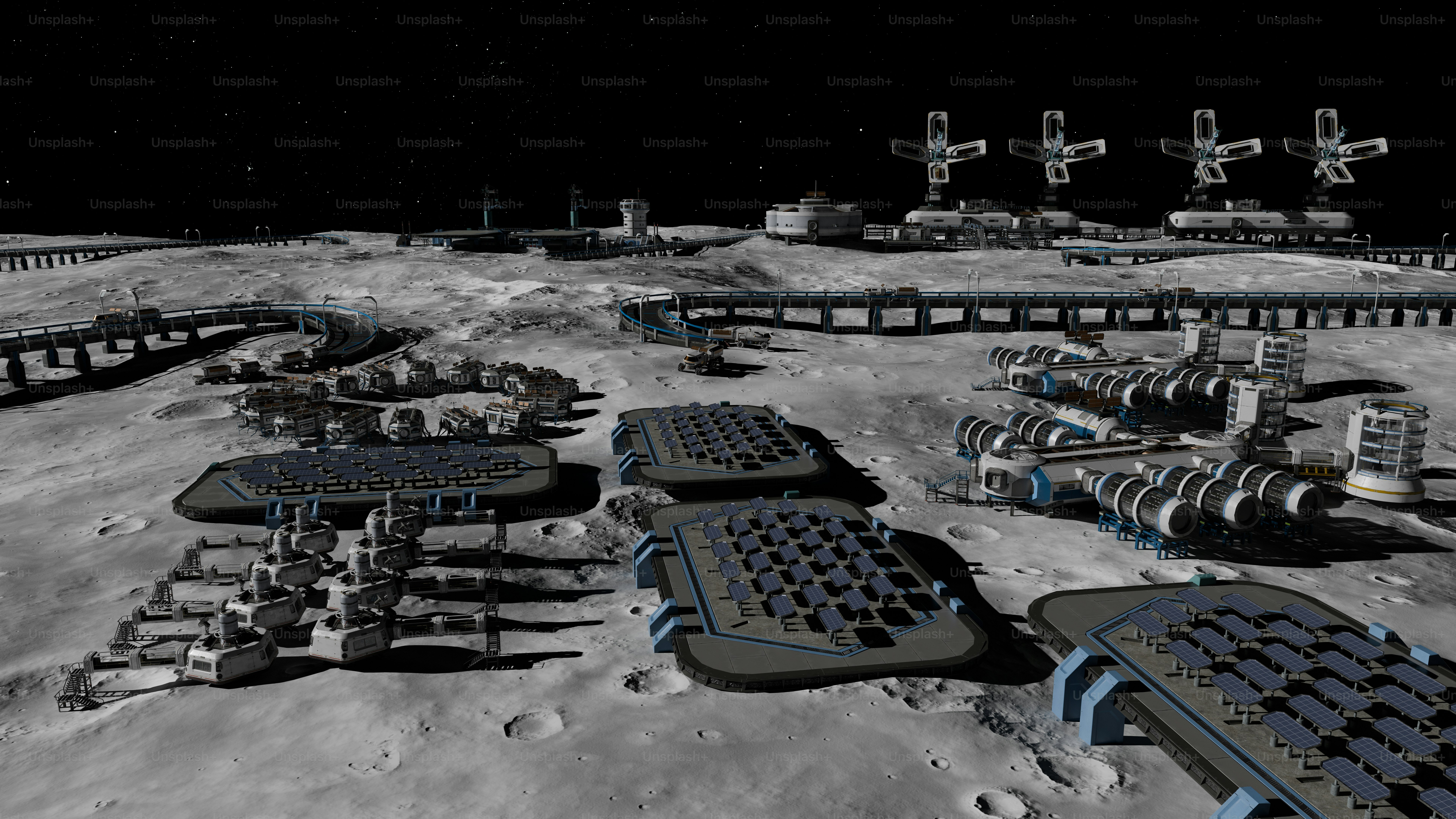 Base lunar futurista con paneles solares y estructuras