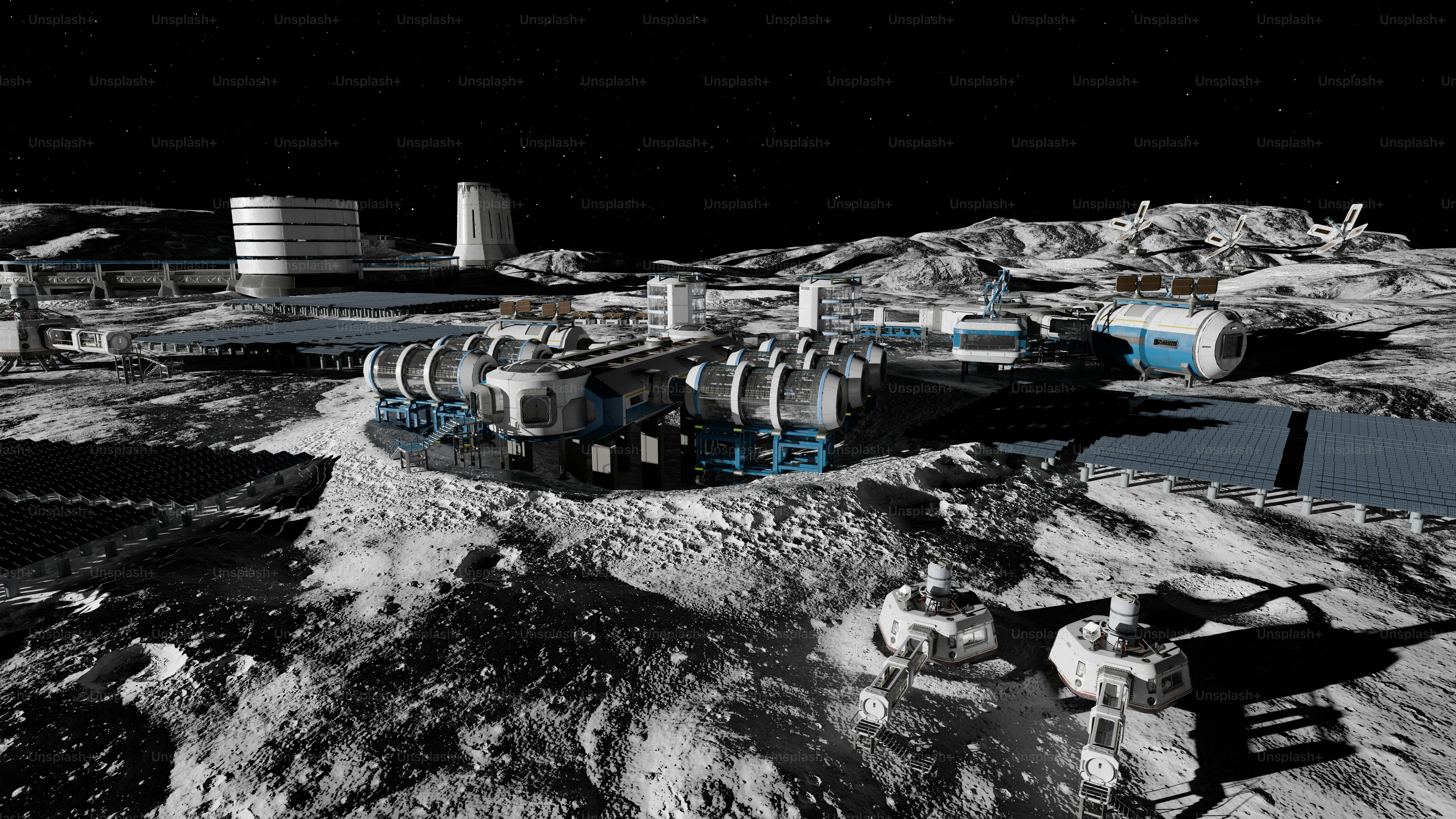 Base lunar con estructuras futuristas bajo cielo estrellado