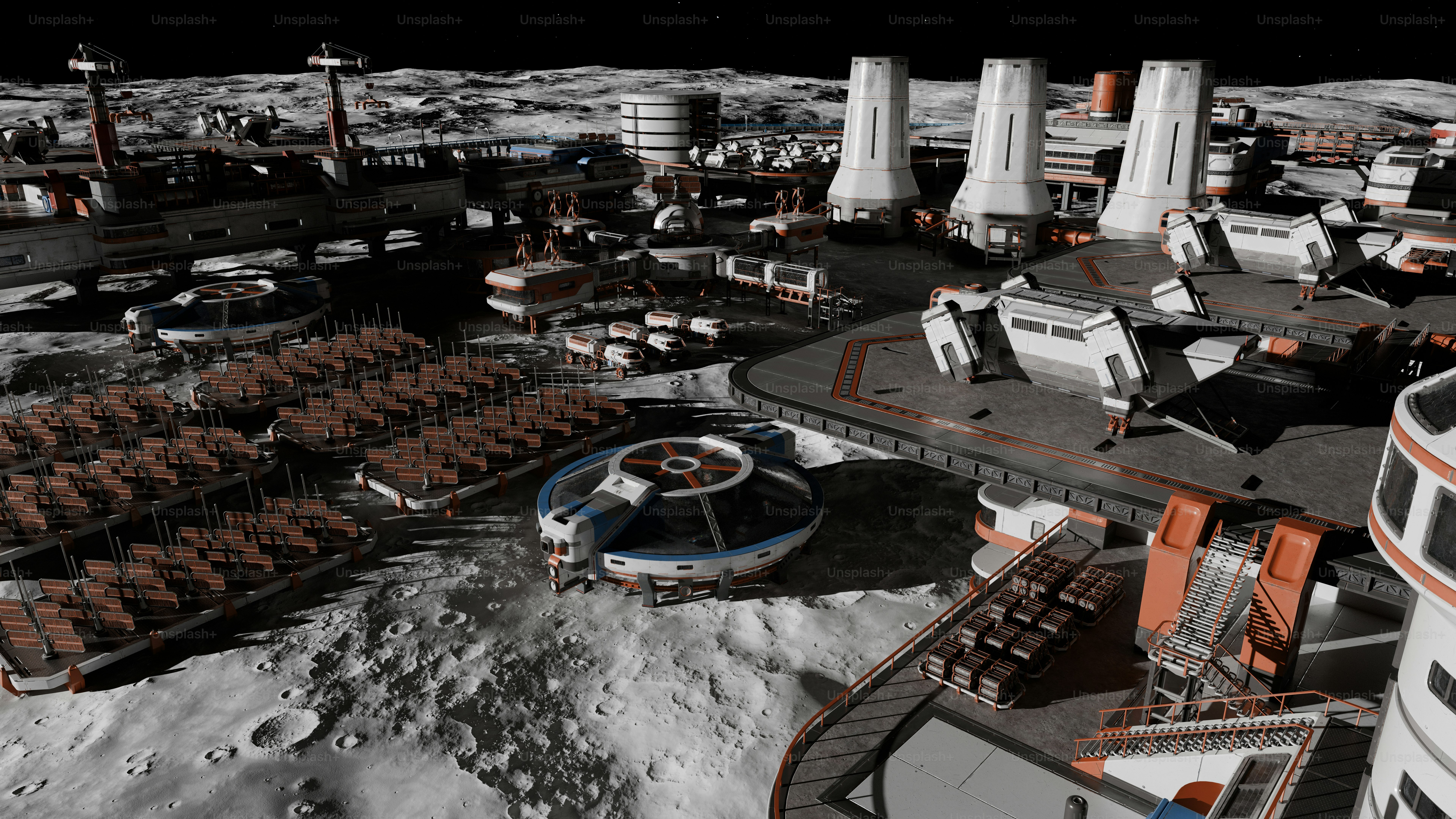Base lunar con estructuras futuristas y paneles solares