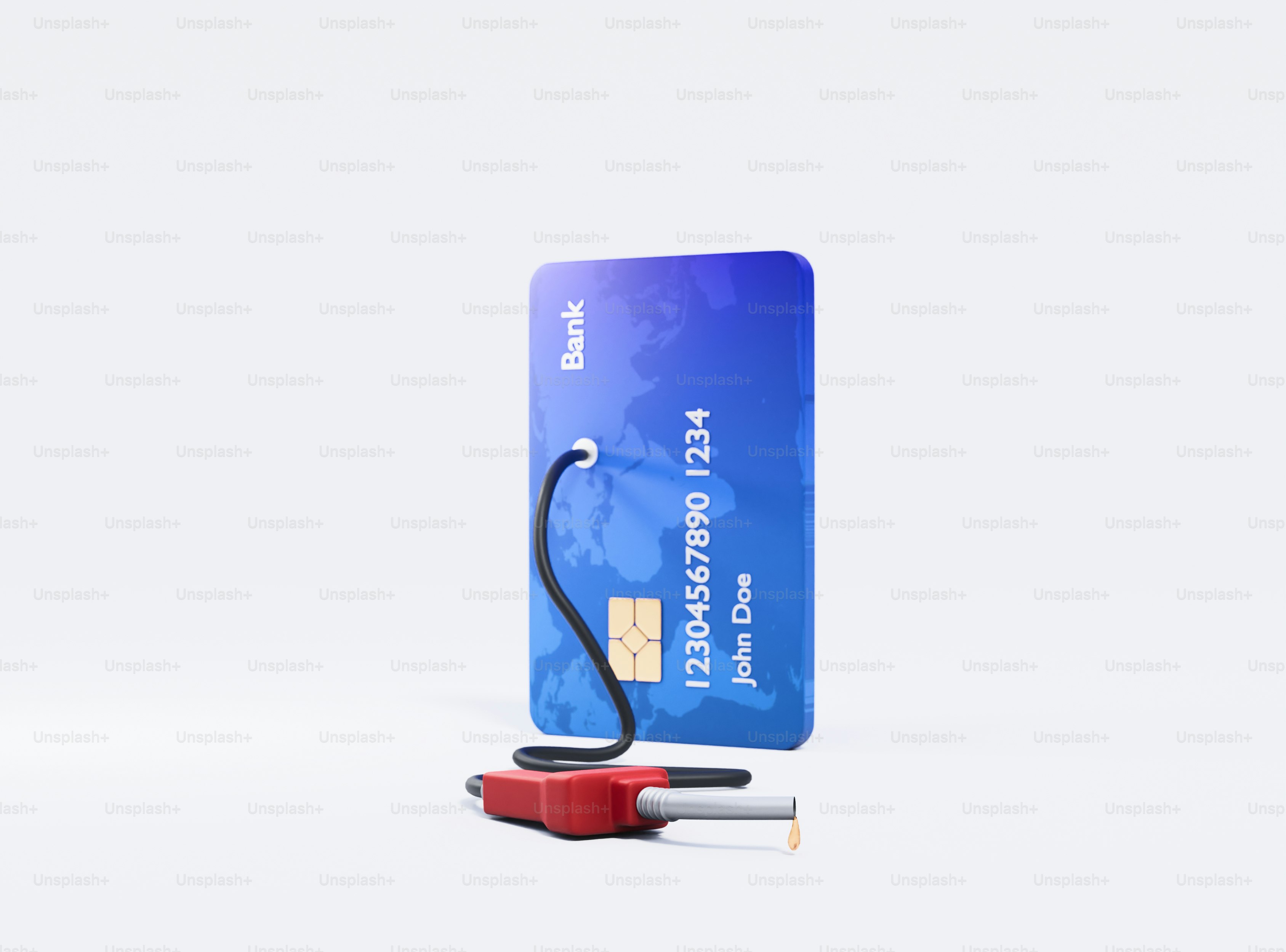 Credit card connected to cigarettes with a cigarette and lighter.