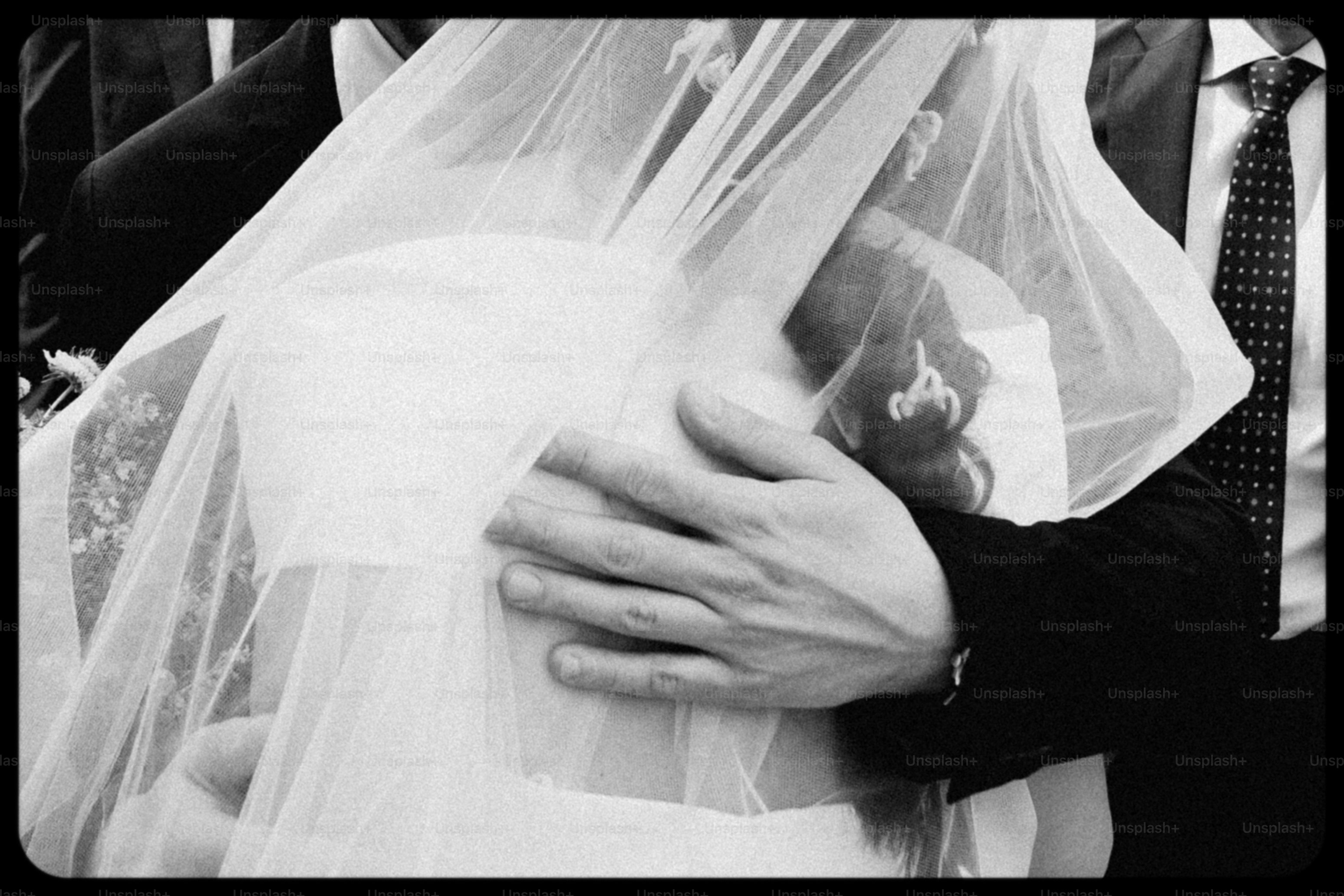 Groom embracing bride in wedding veil