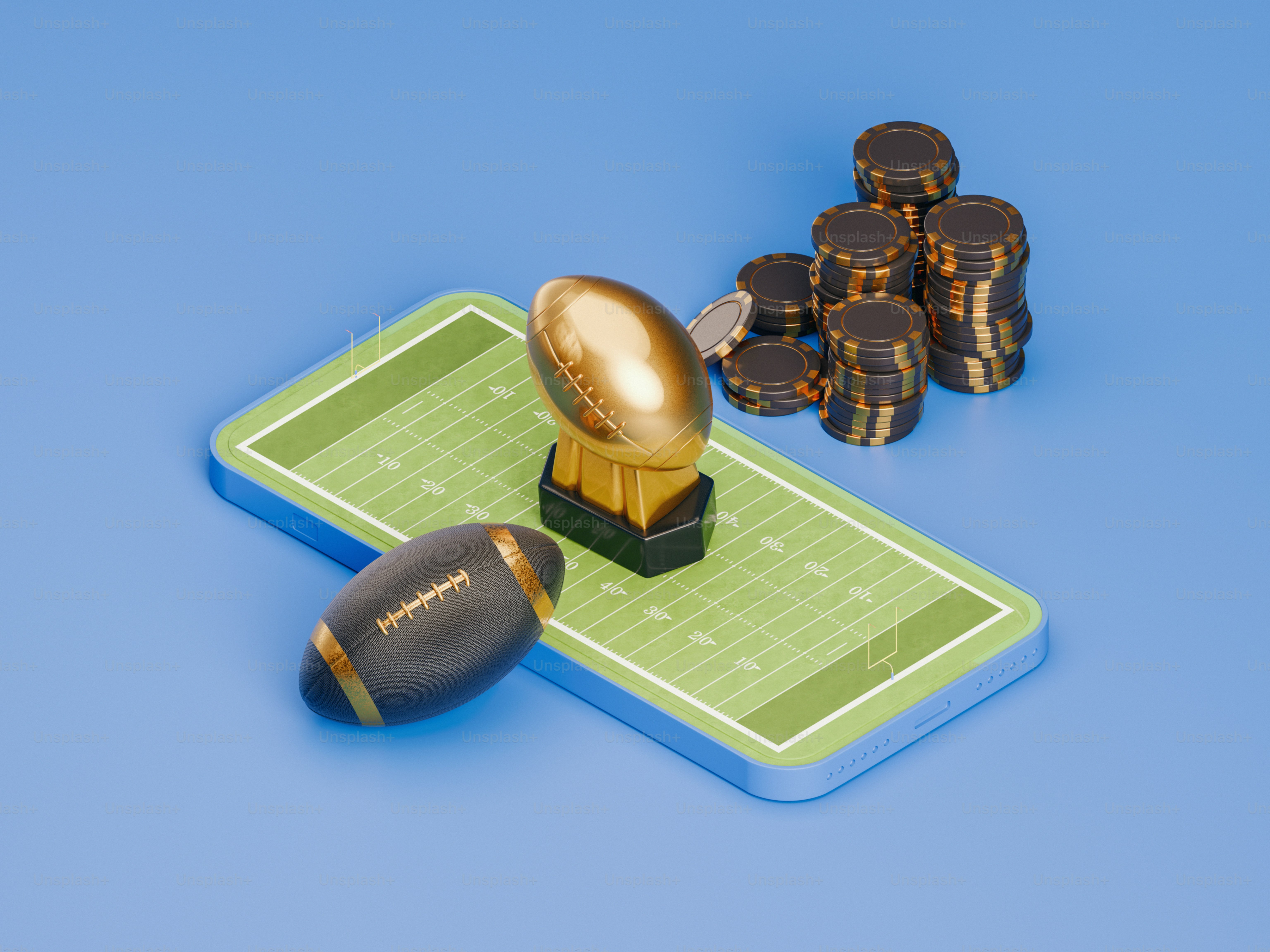Troféu de futebol dourado com bolas e chips em campo.