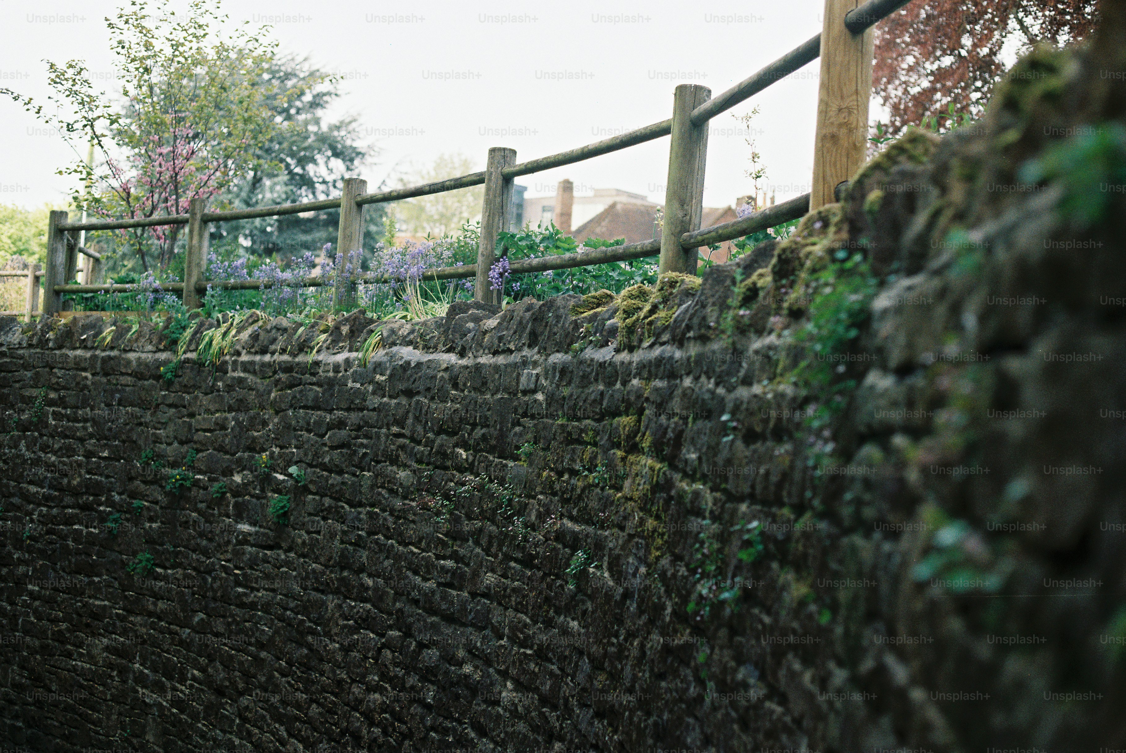 Curved stone wall with wooden fence and greenery
