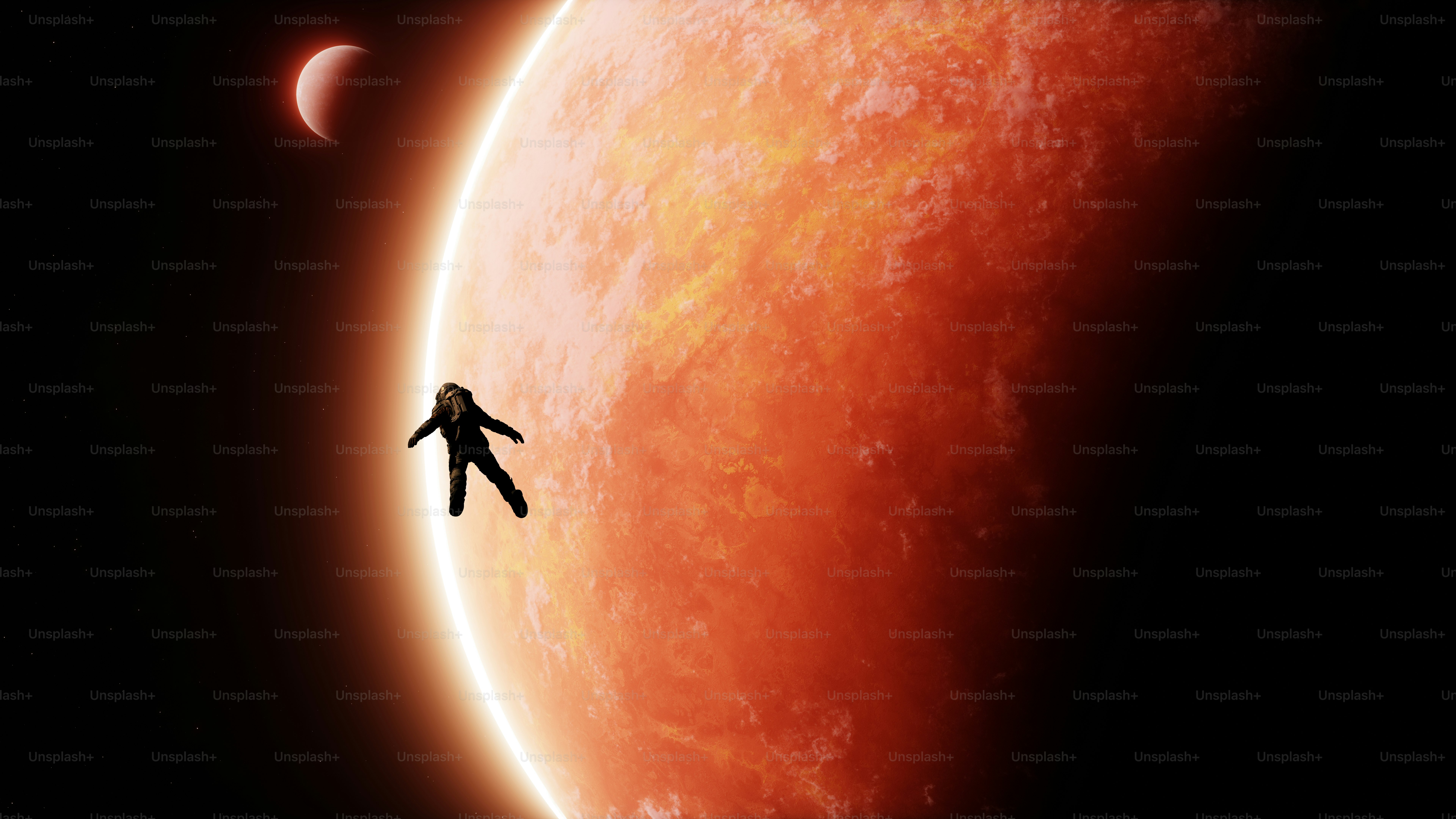 Astronaut floats near a large red planet and moon photo – Space Image ...