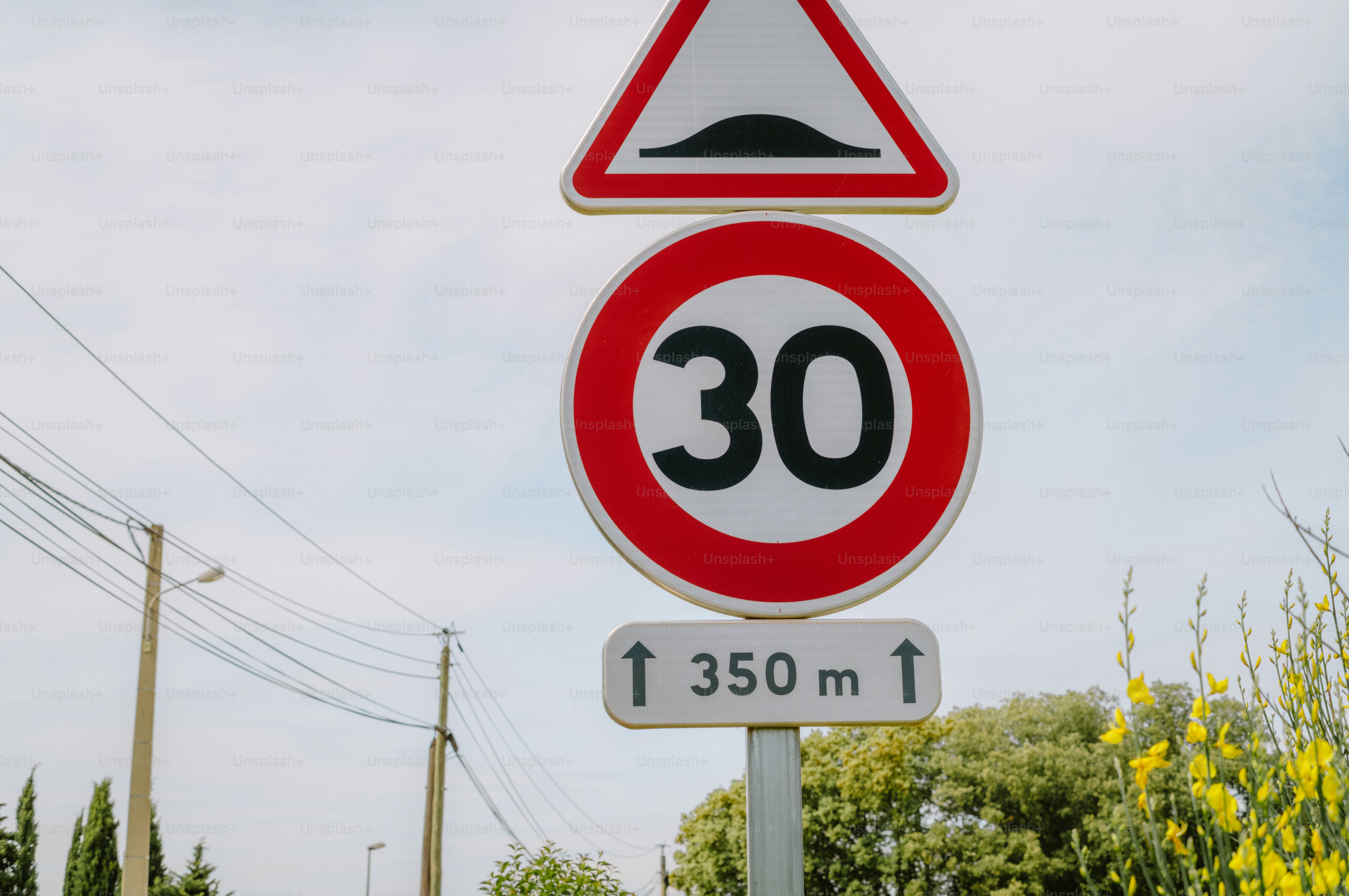 Speed limit 30 sign with speed bump warning