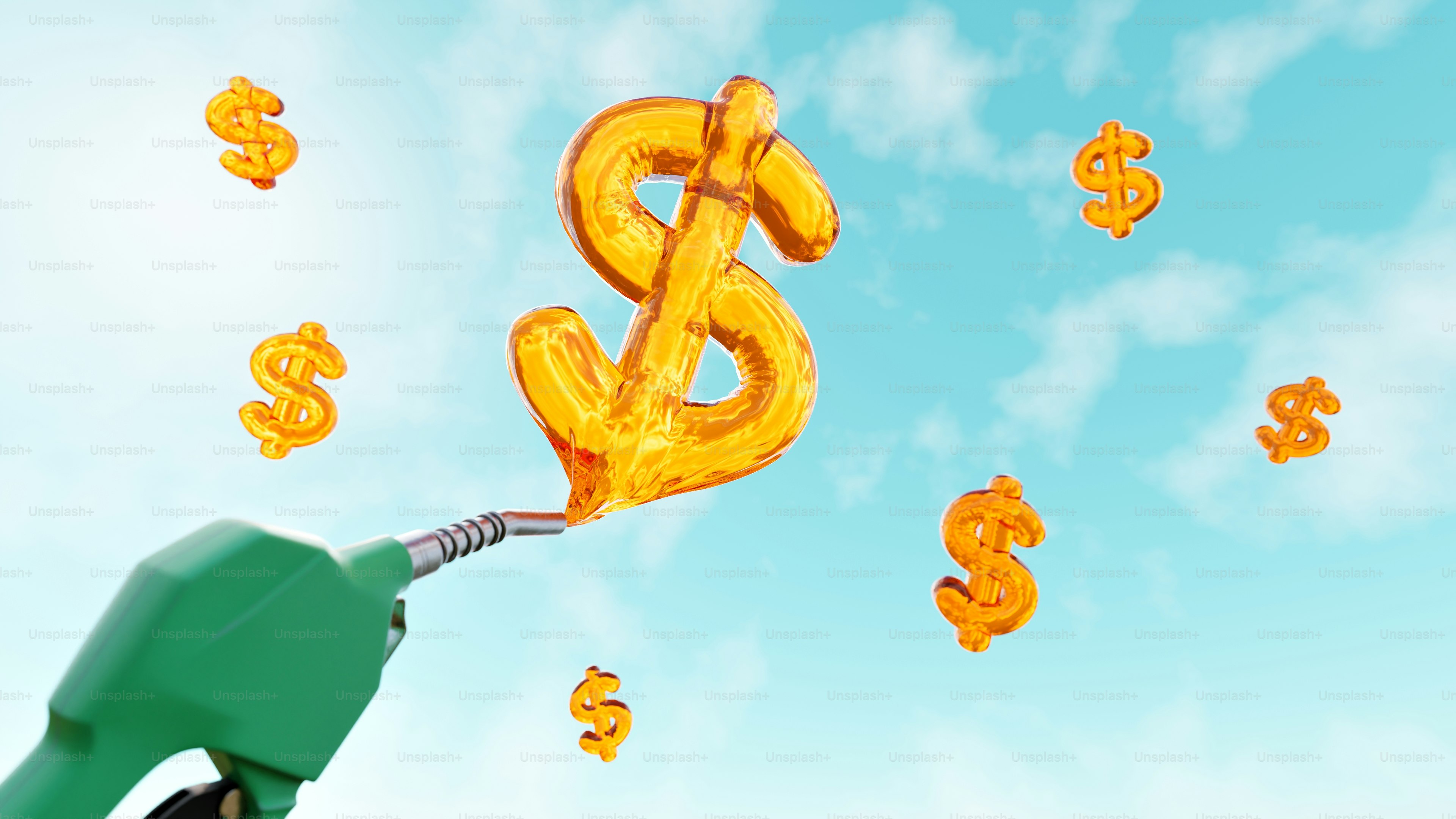 Nosel pompa bensin mengeluarkan tanda dolar emas ke langit