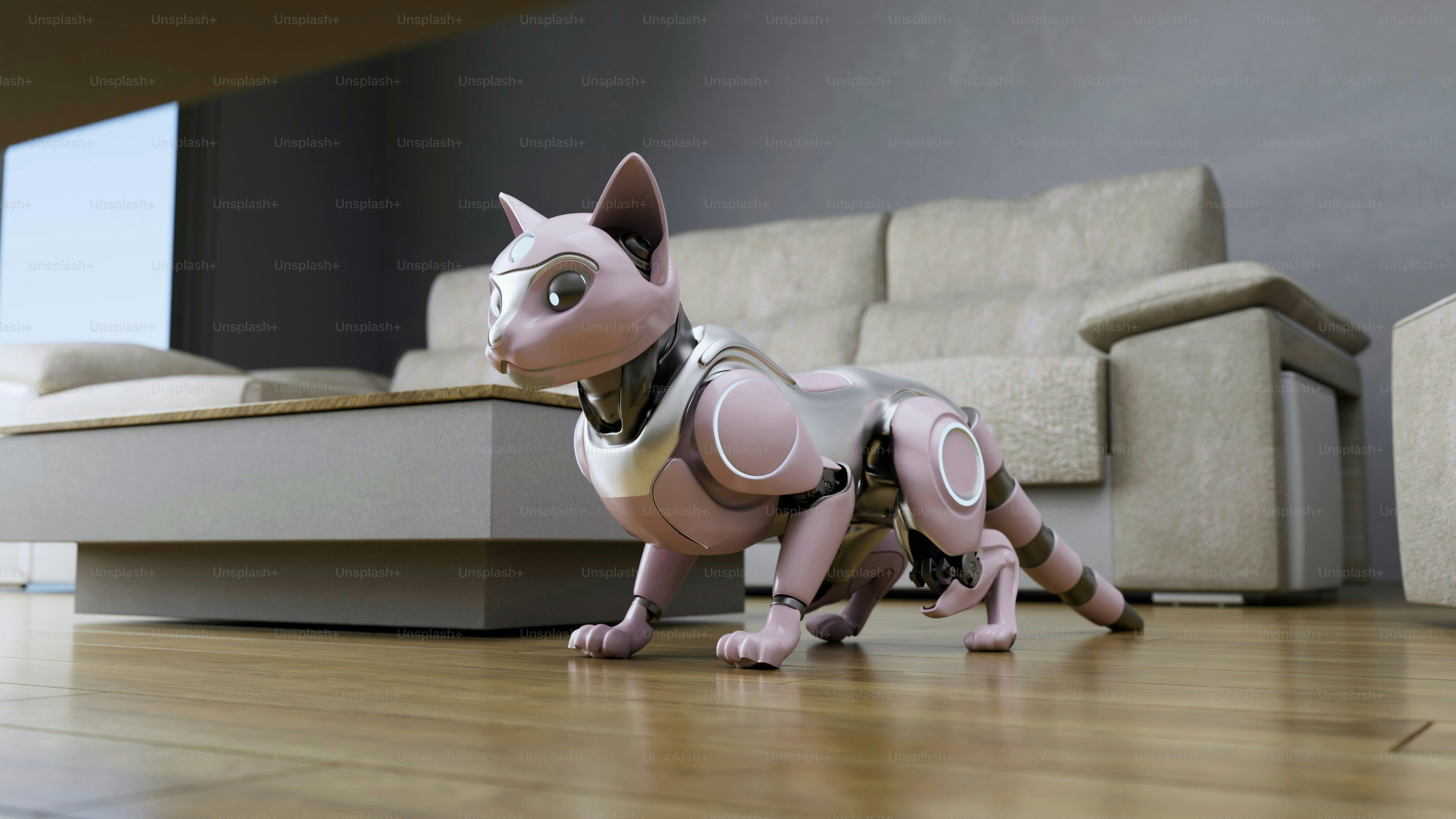 바닥에 분홍색과 은색 장식이 있는 로봇 고양이.