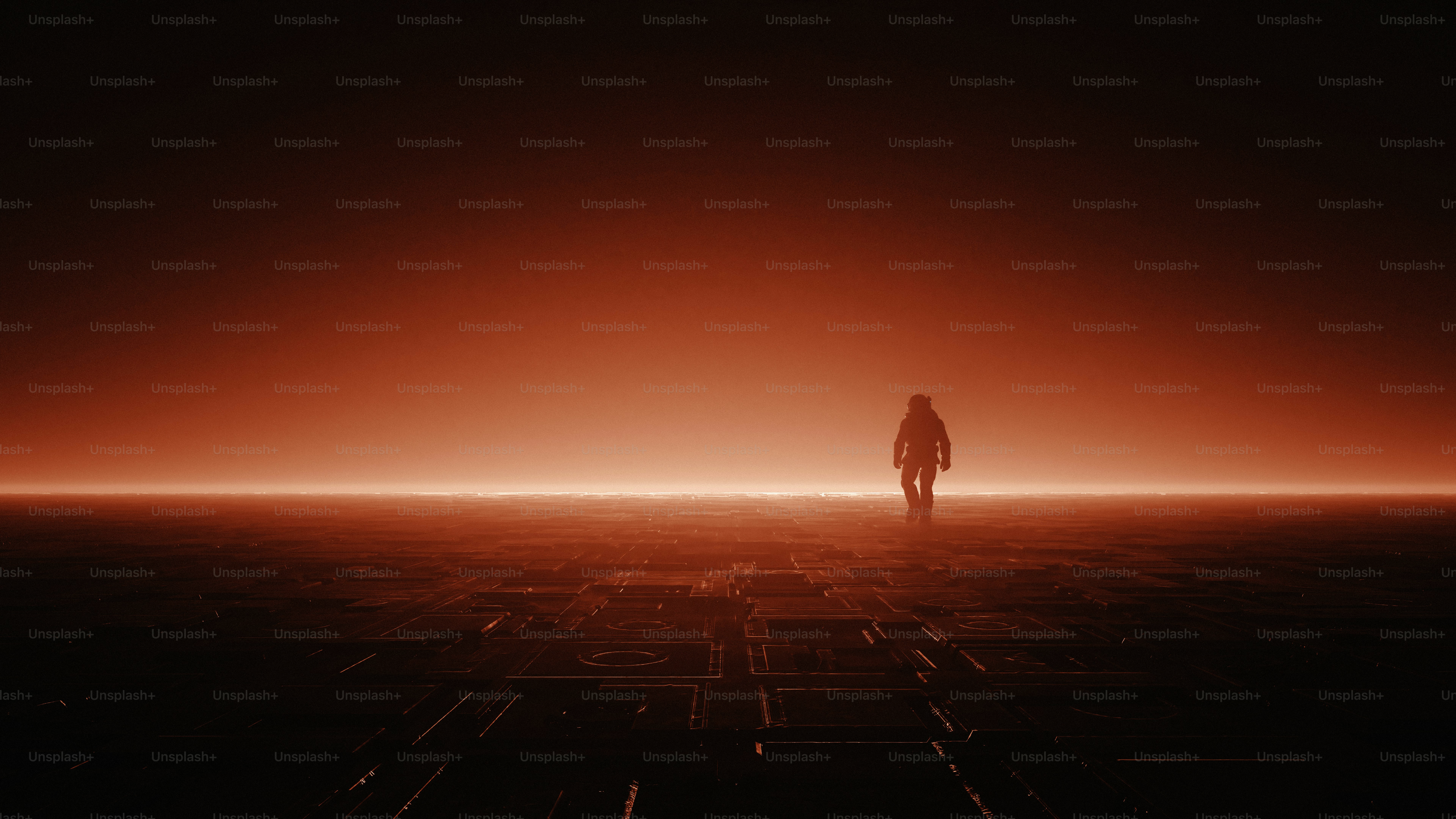 Una figura solitaria camina por un paisaje futurista y luminoso.