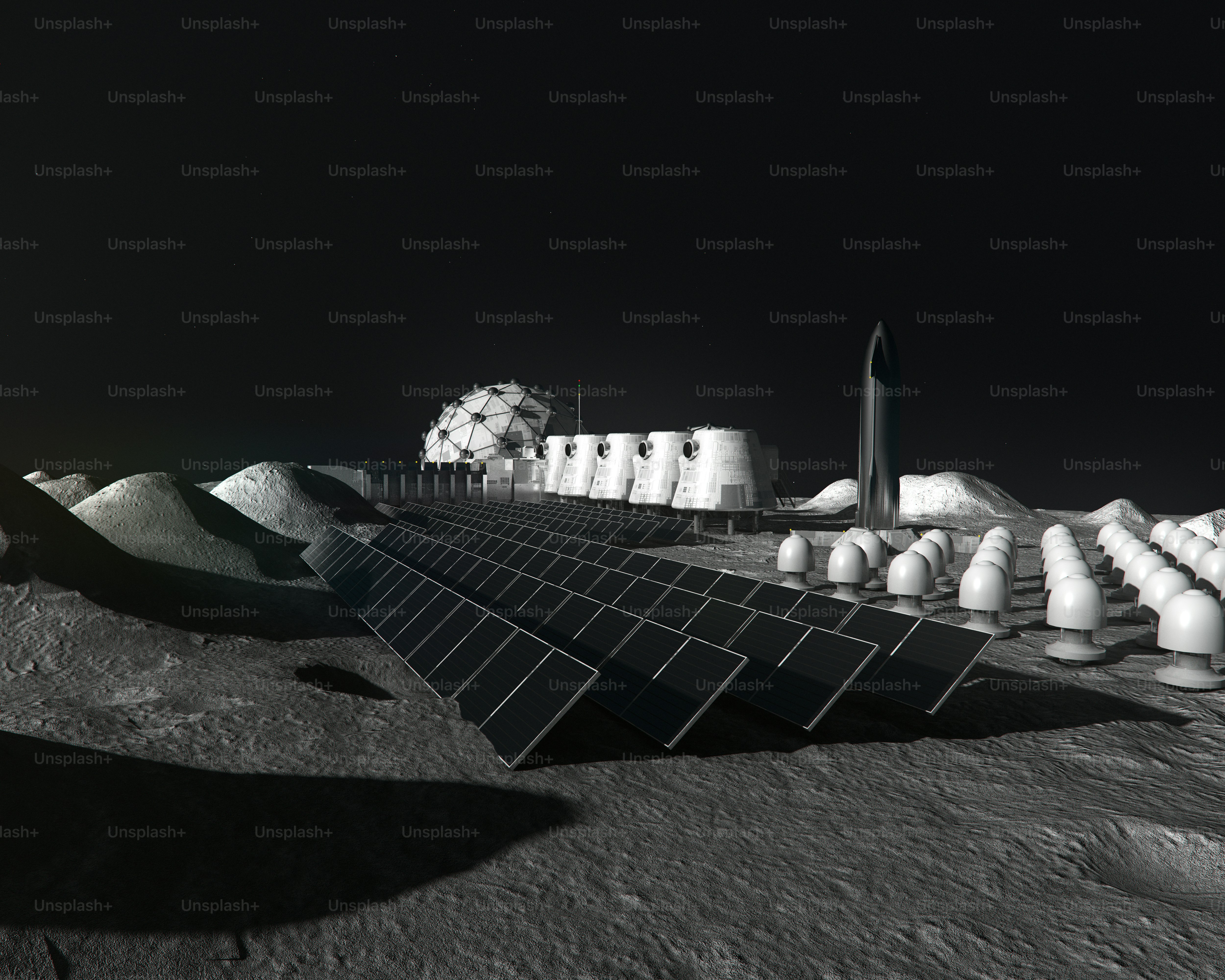 Lunar base with geodesic domes and solar panels photo – Technology ...