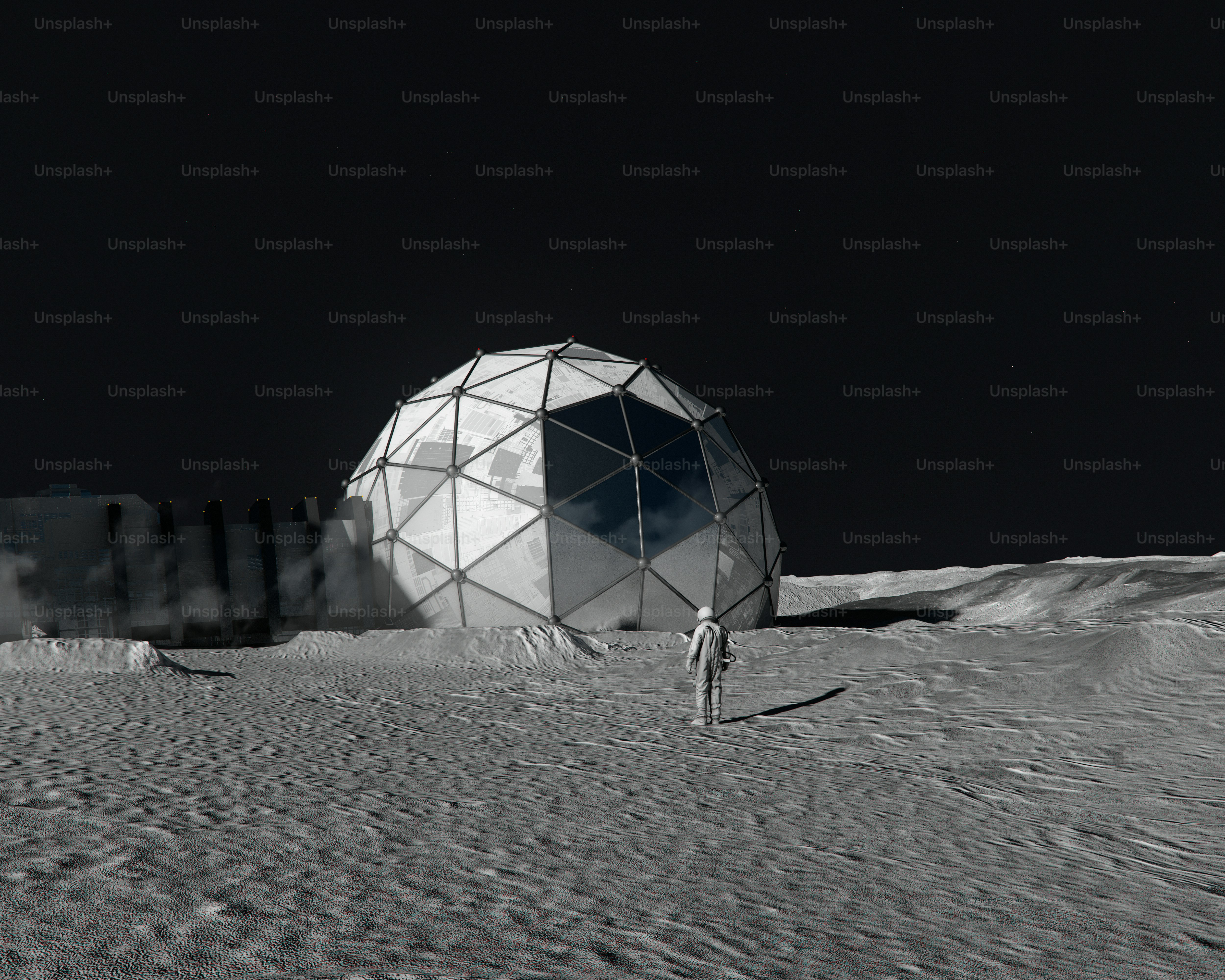 Astronaut walks towards geodesic dome on moon surface photo ...