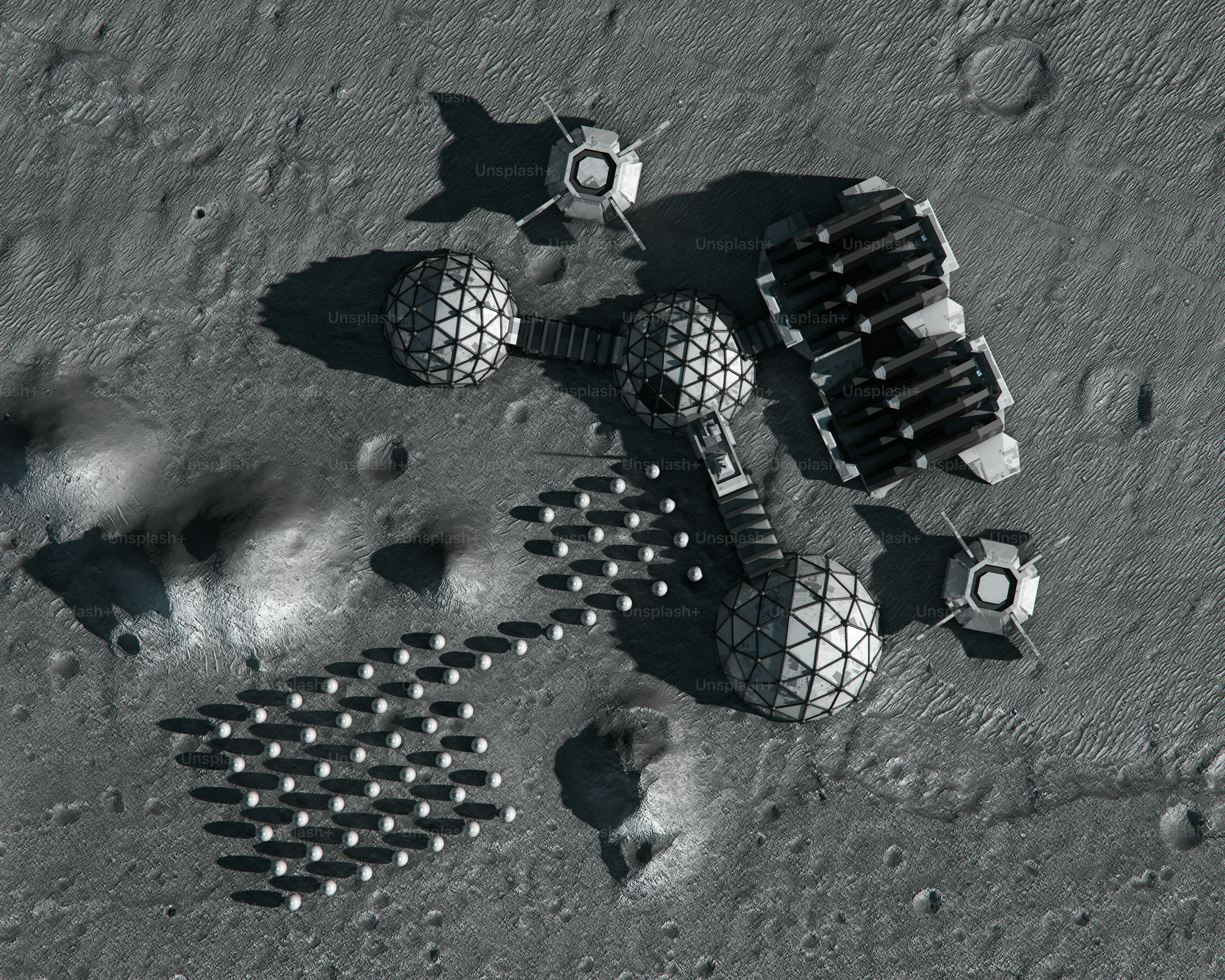 Lunar base with geodesic domes and solar panels photo – Technology ...