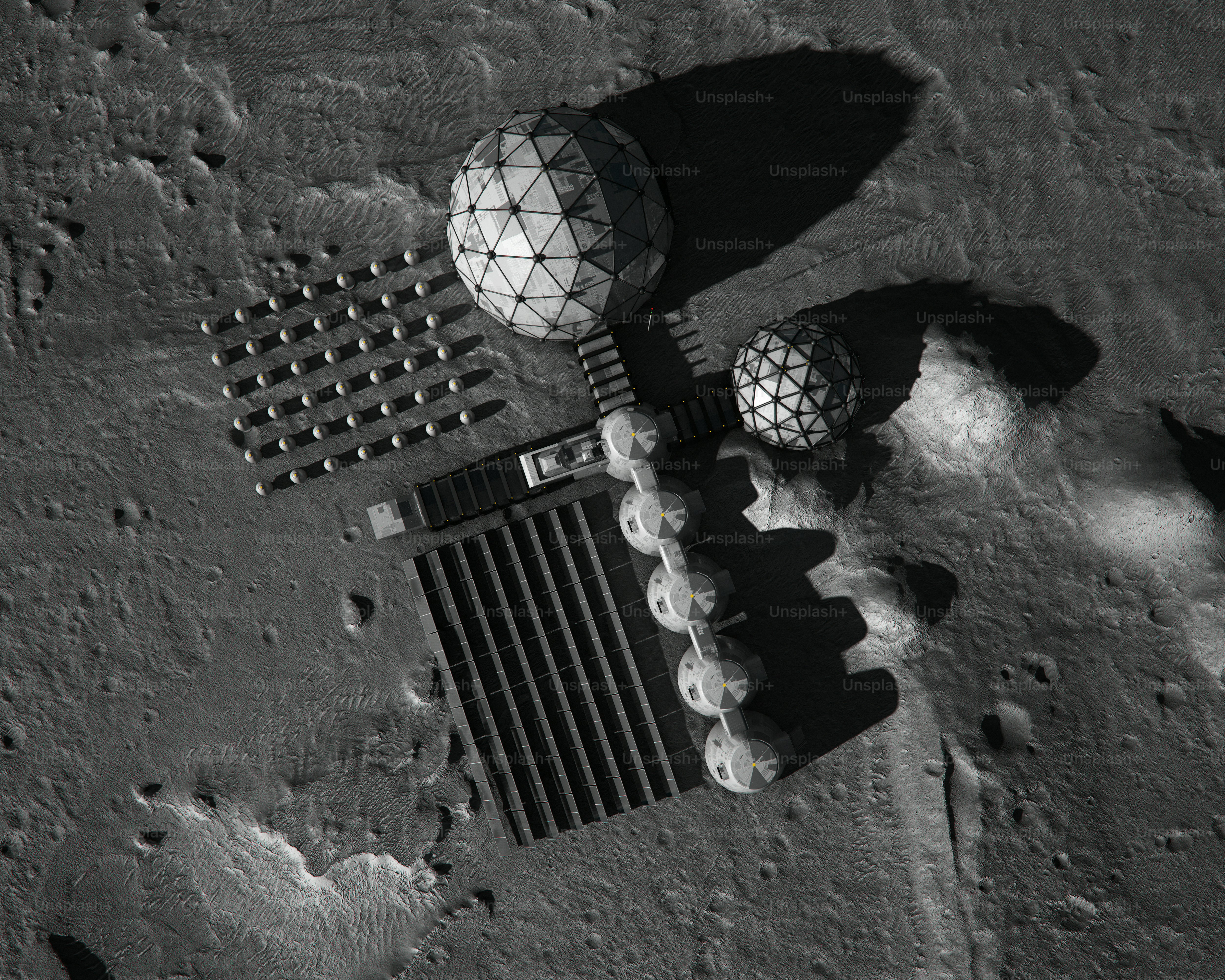Lunar base with geodesic domes and solar panels photo – Technology ...