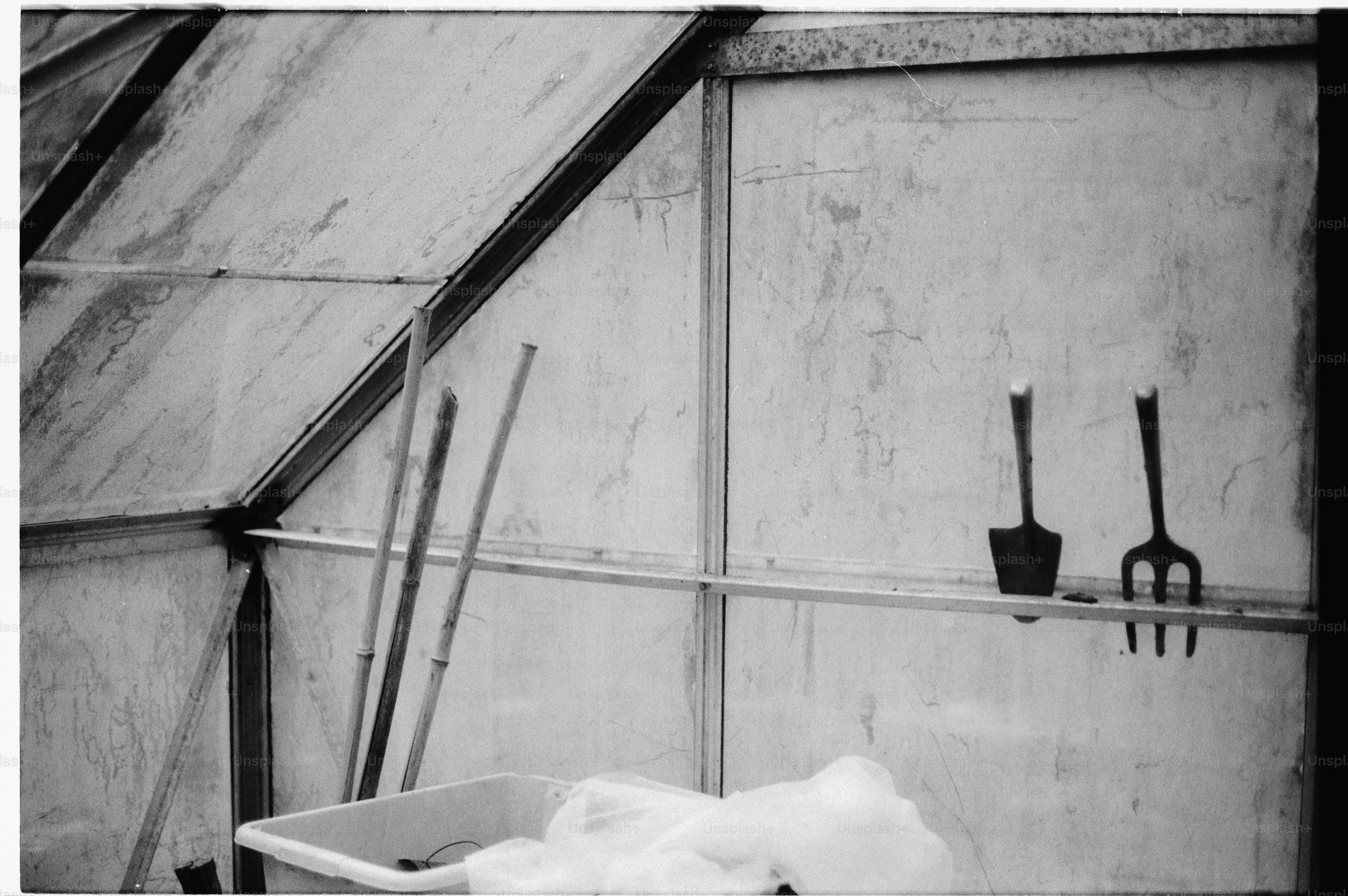 Gardening tools on a shelf inside a greenhouse.