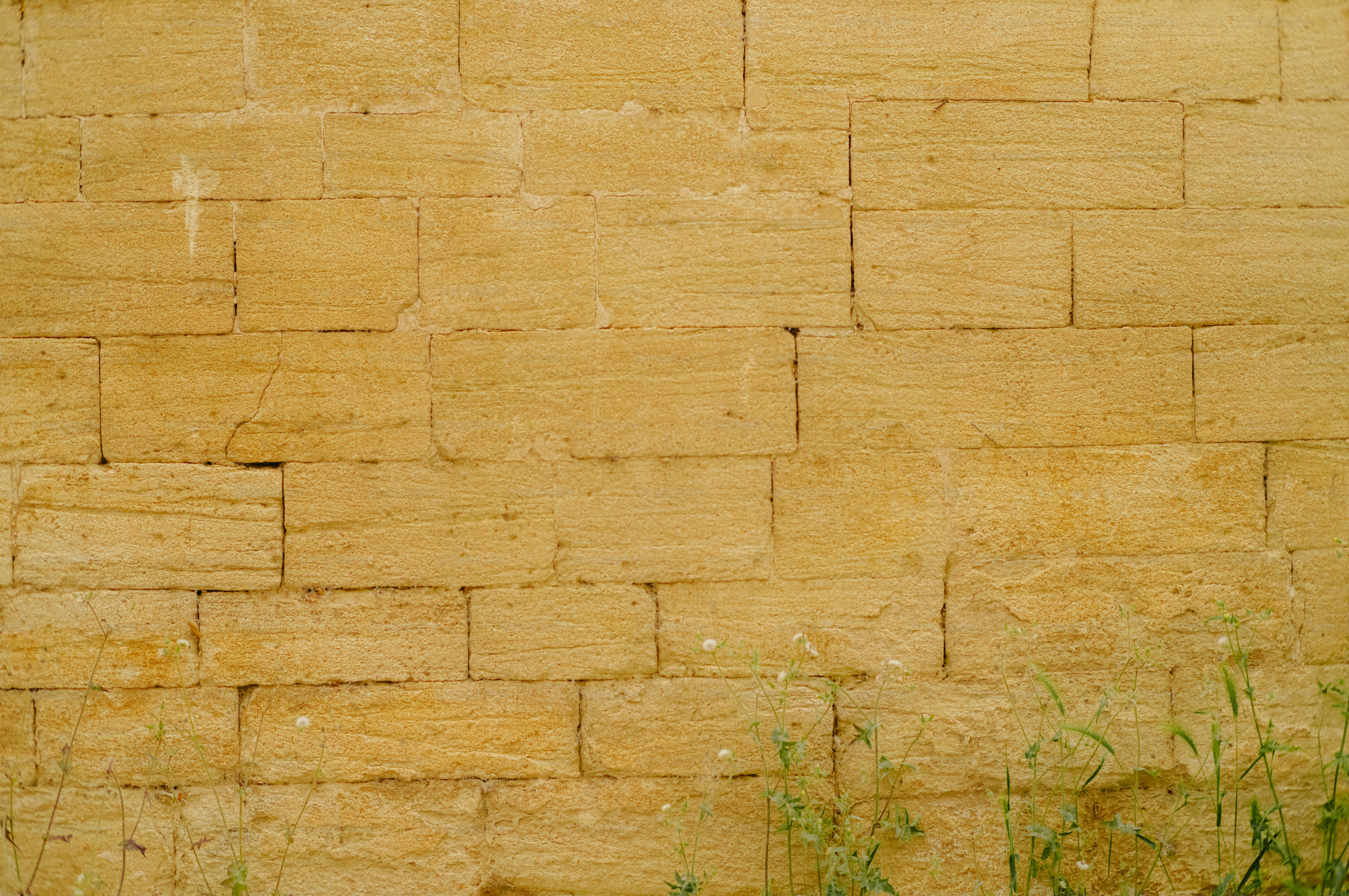 A textured wall made of rough, tan bricks.