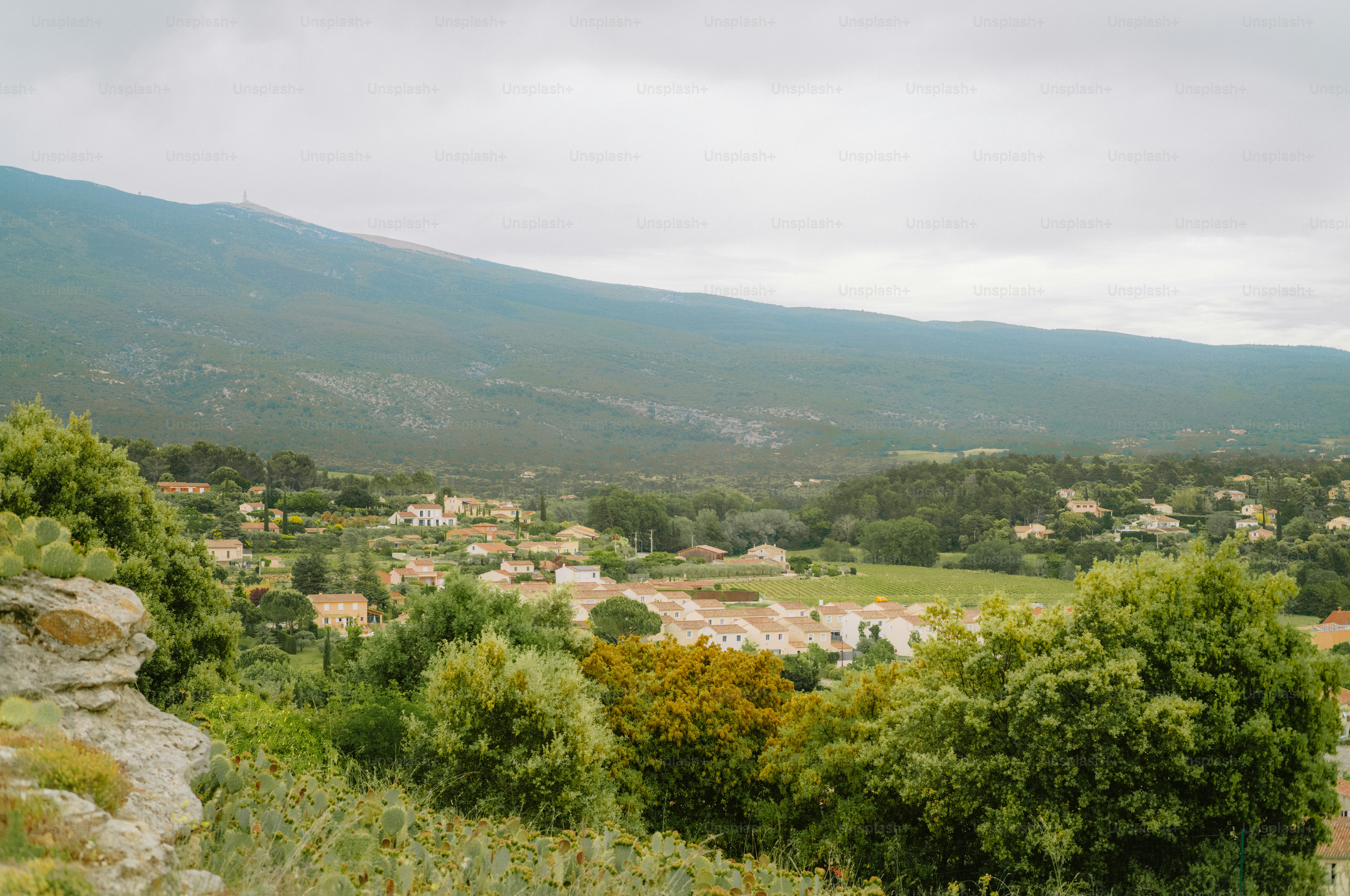 A small village nestled in a green valley with mountains.