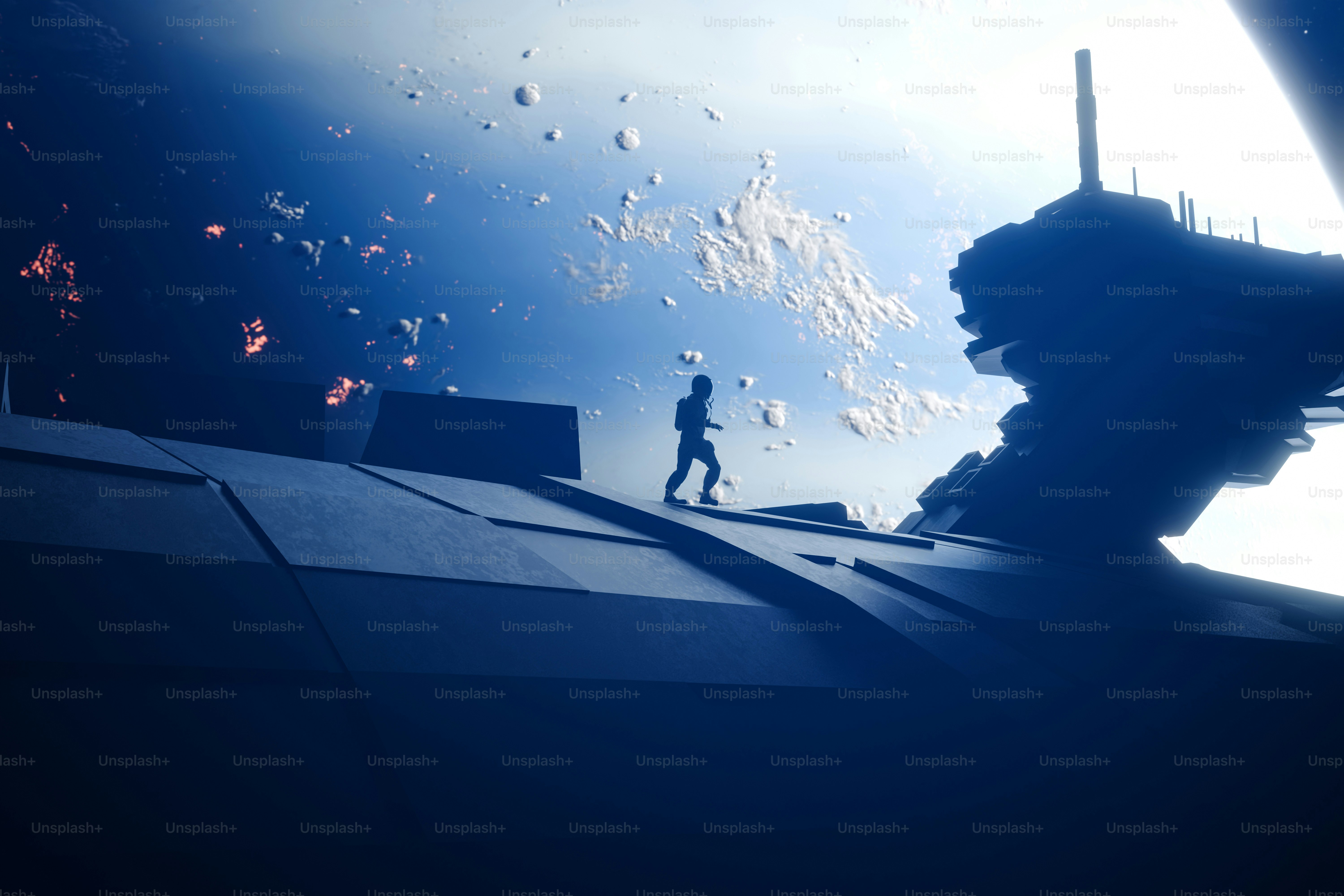 Astronaut walking on a spaceship with asteroid field