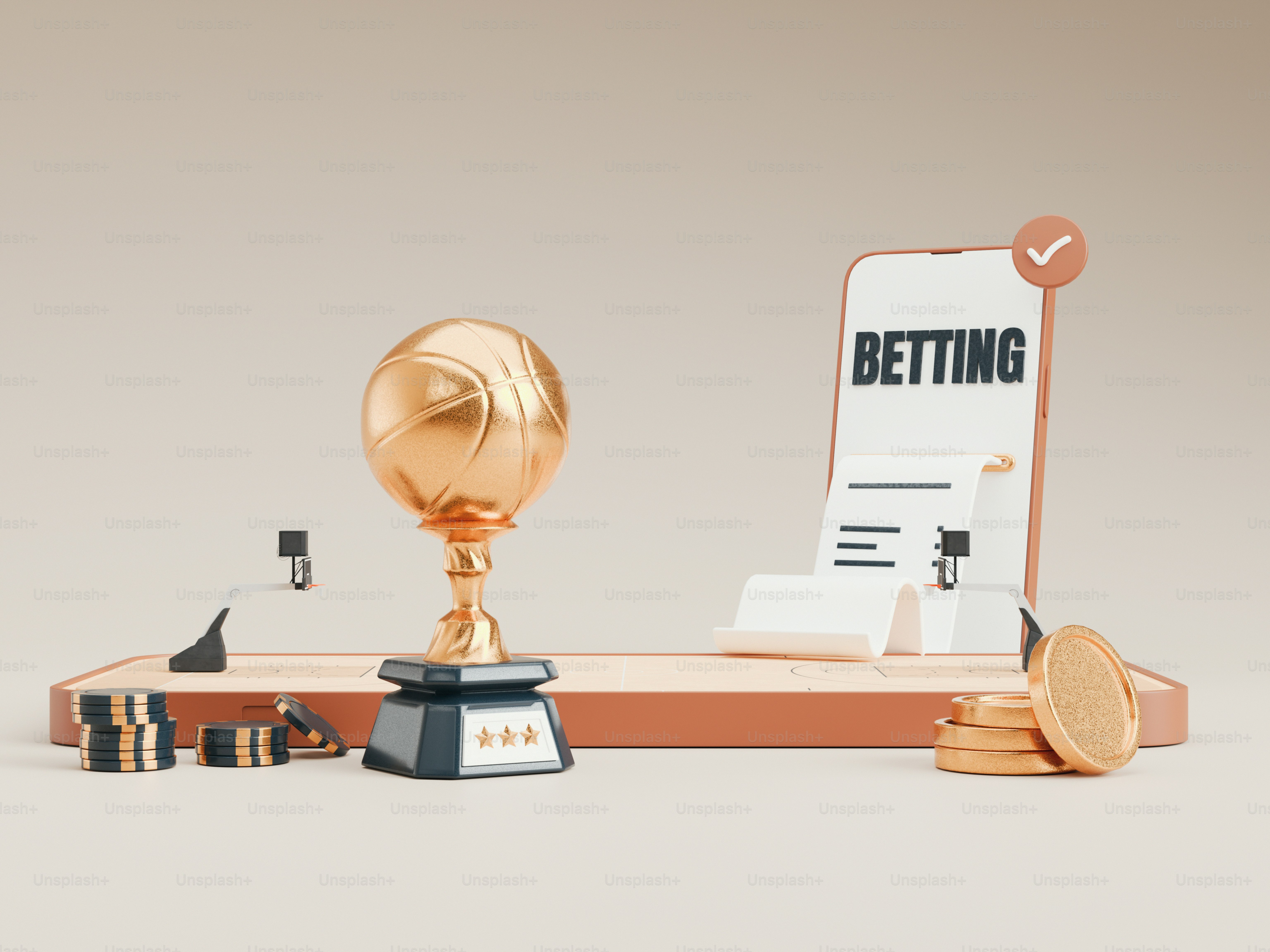Troféu de basquete dourado com comprovante de apostas e moedas.