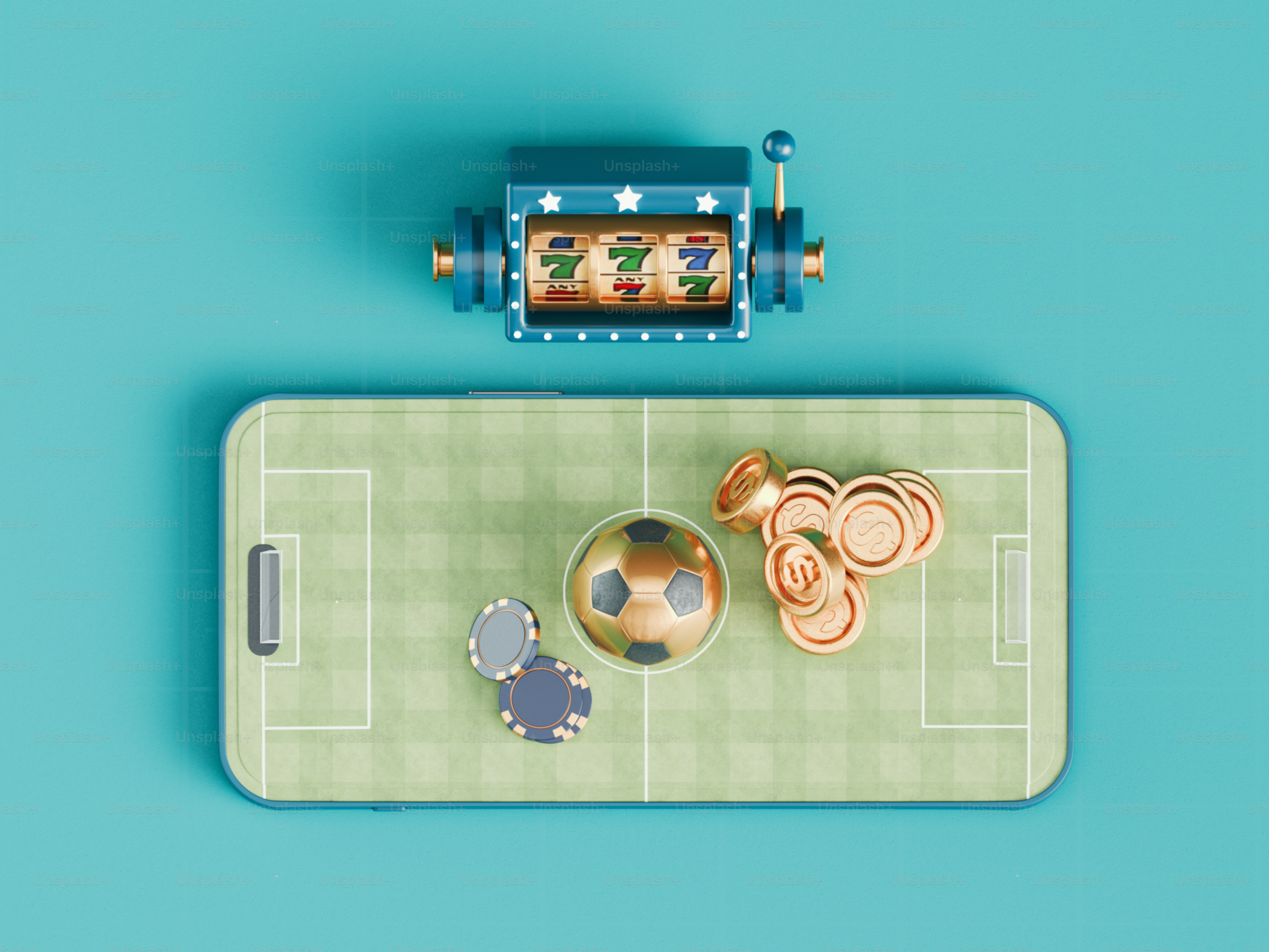 Máquina caça-níqueis acima do smartphone com campo de futebol e moedas.
