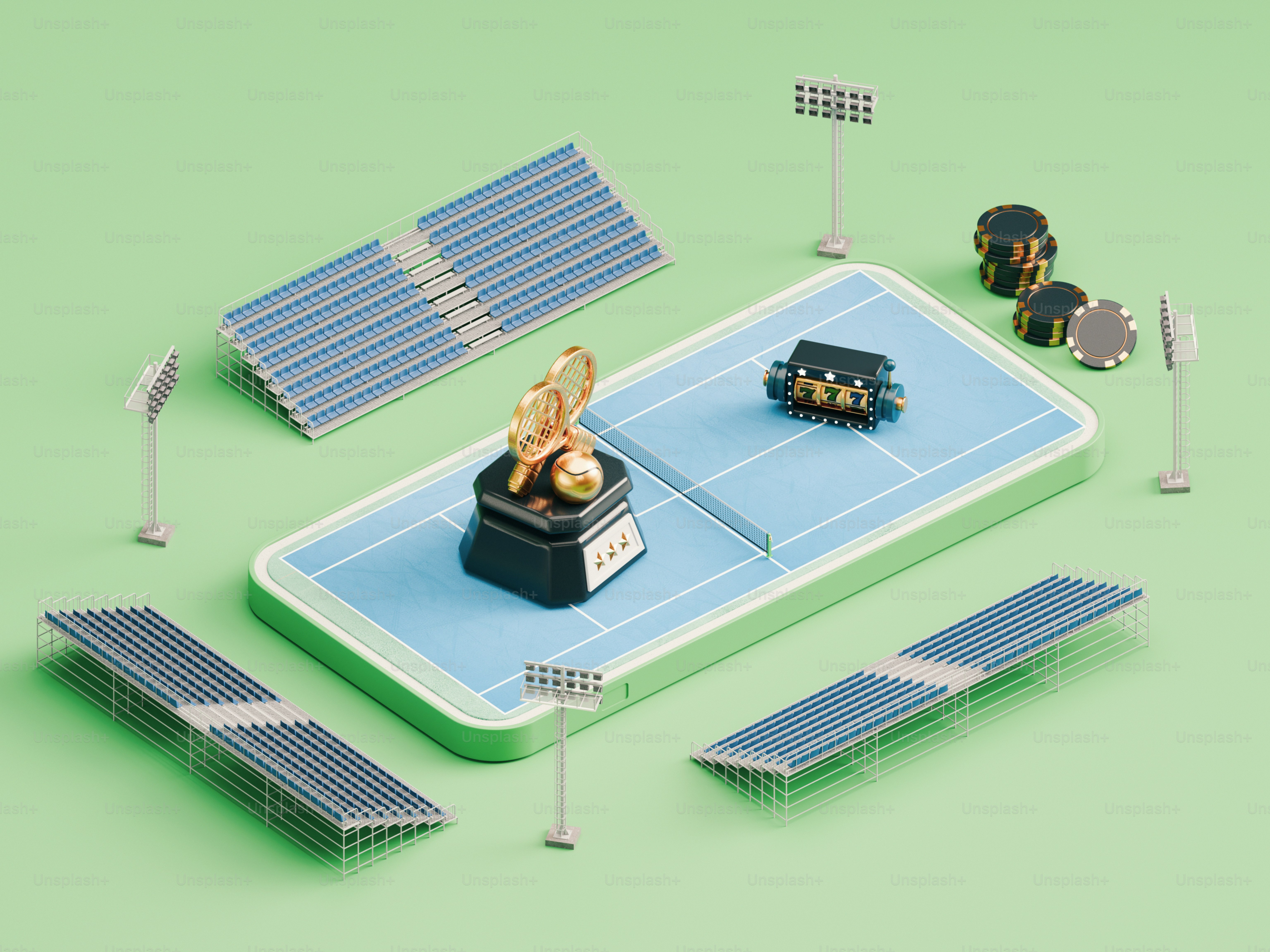 Troféu em uma quadra de tênis em miniatura com painéis solares.