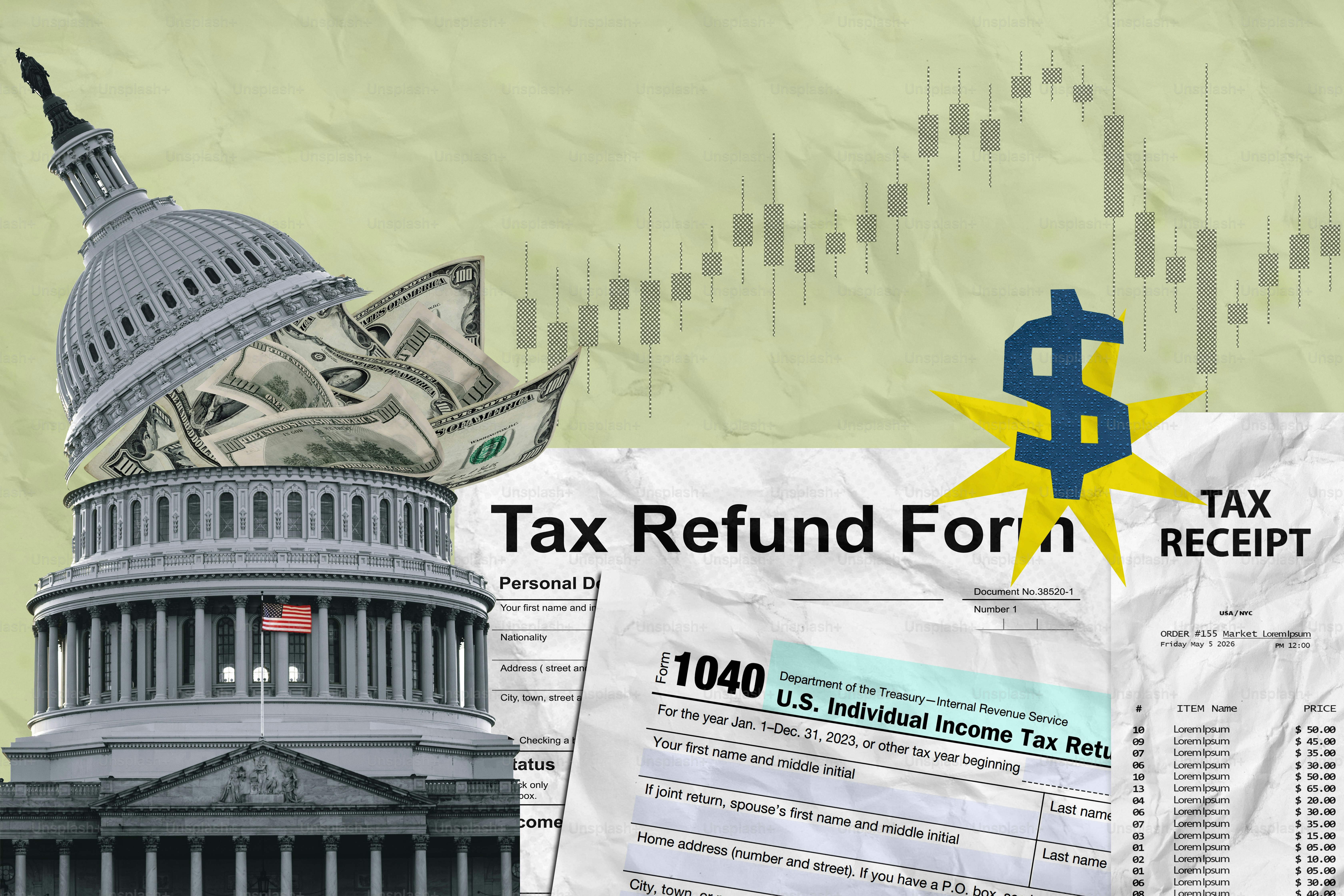 米国議会議事堂とお金と税金の書類