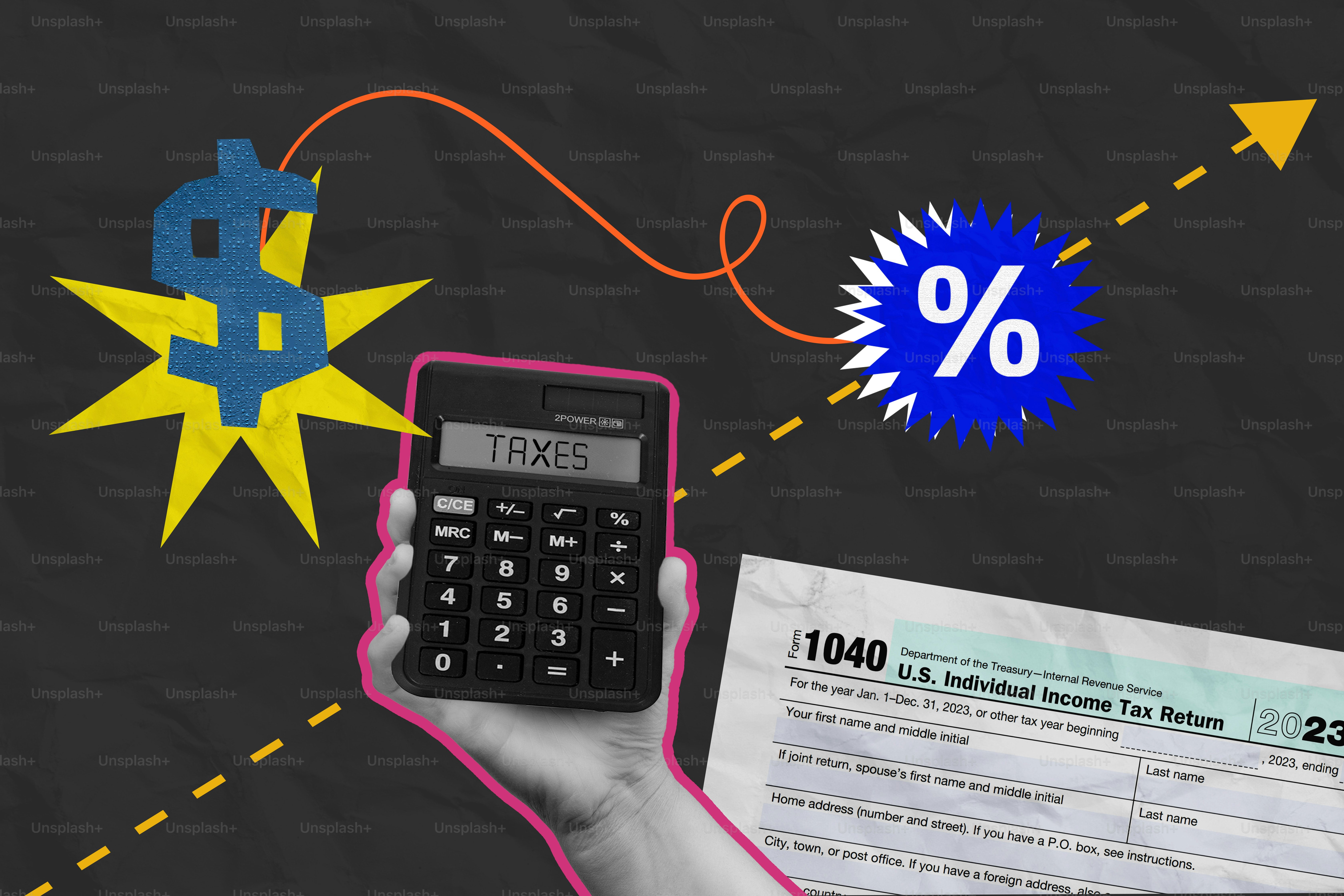Kalkulator pegangan tangan dekat formulir pajak dengan panah naik.