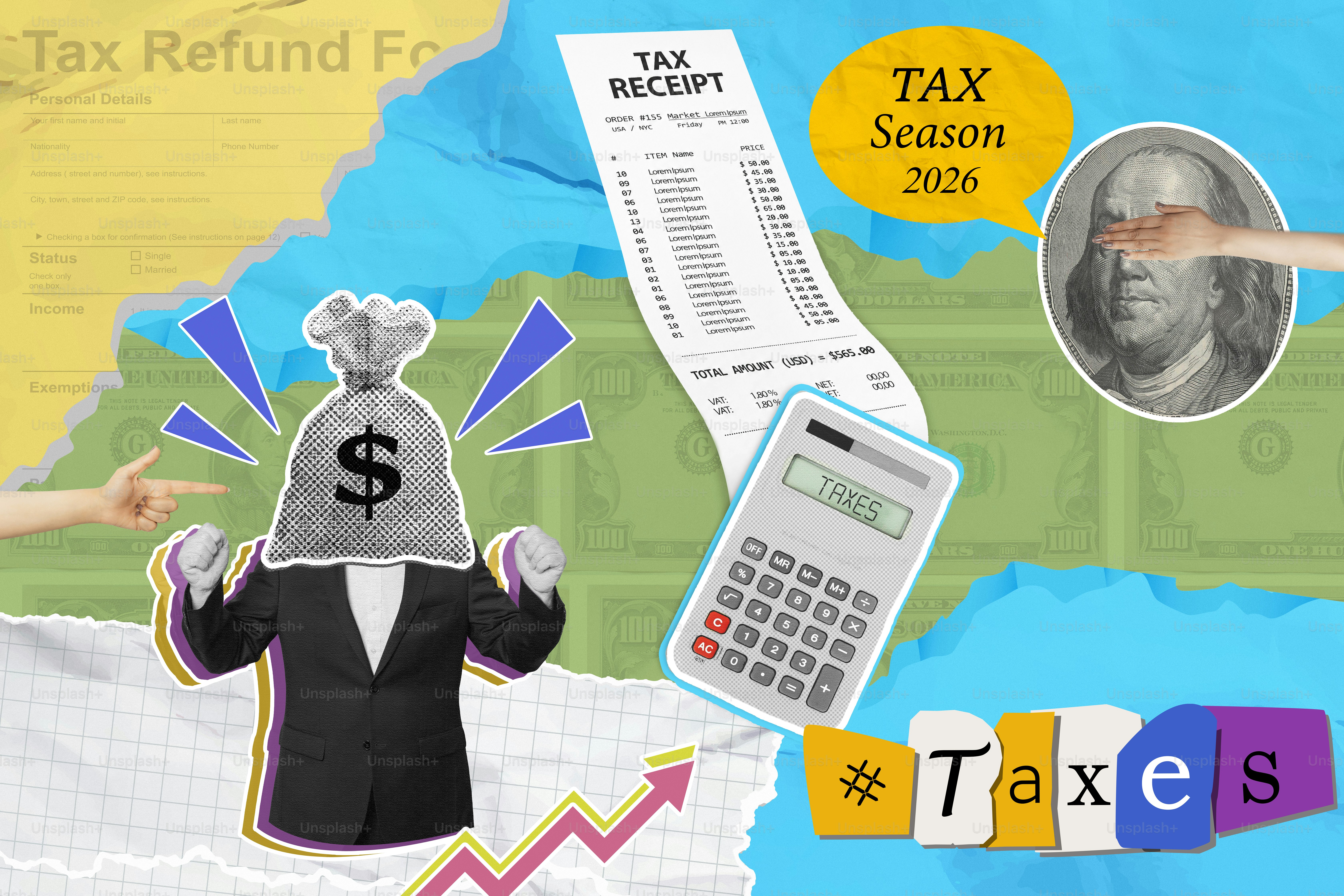 Tax season with money bag man and calculator