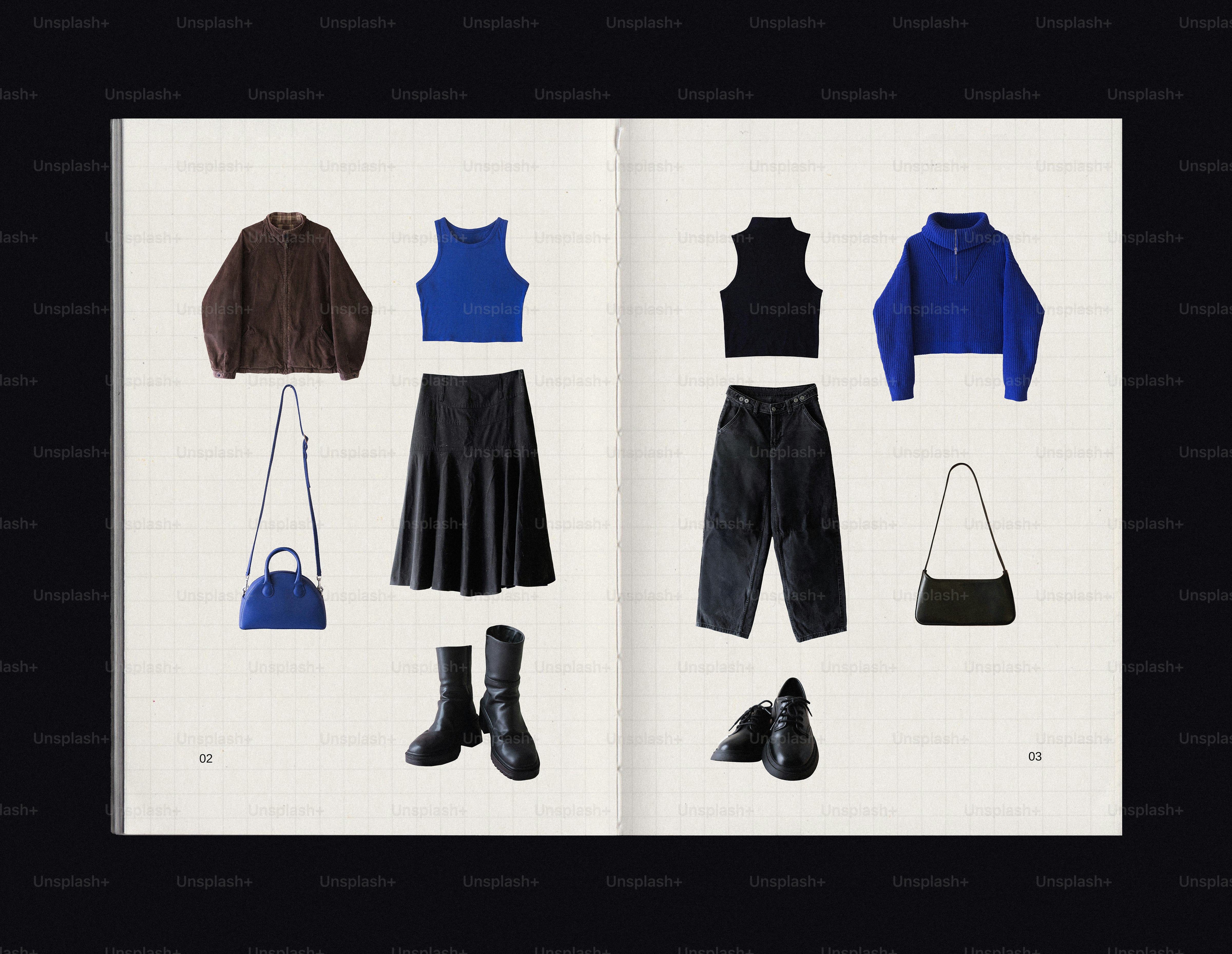 Deux tenues exposées sur une page avec des vêtements et des accessoires.