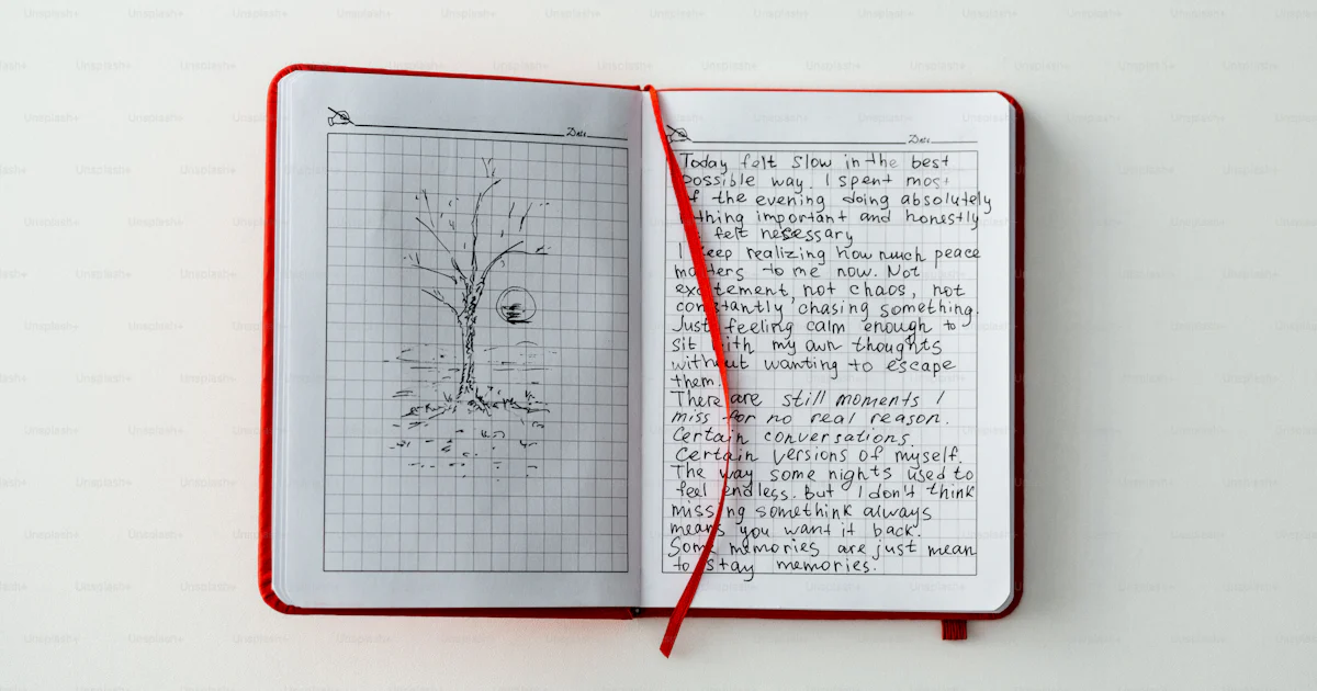 An open notebook with a drawing and handwritten text. photo ...