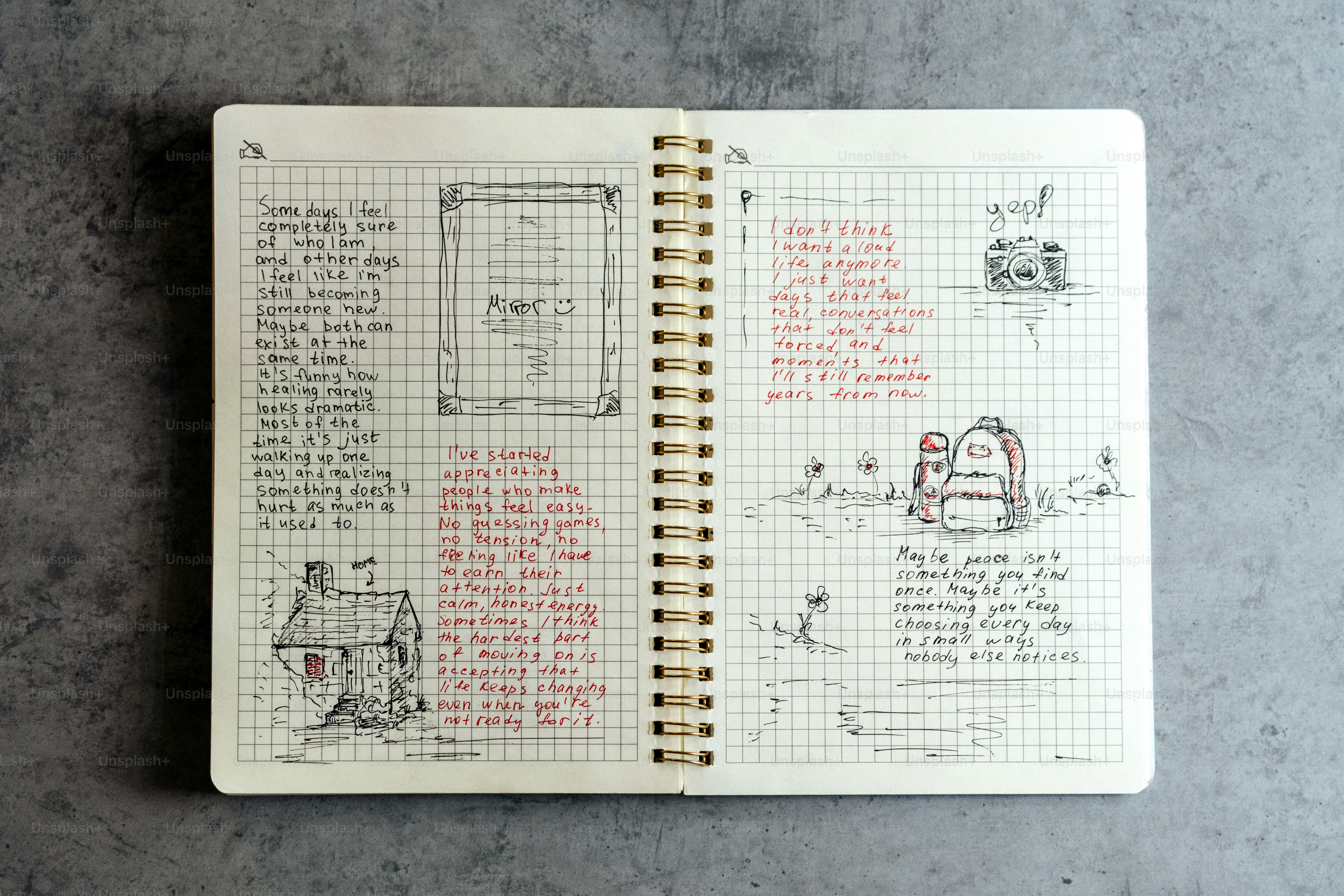 Un carnet à grille ouverte avec des notes manuscrites et des croquis.