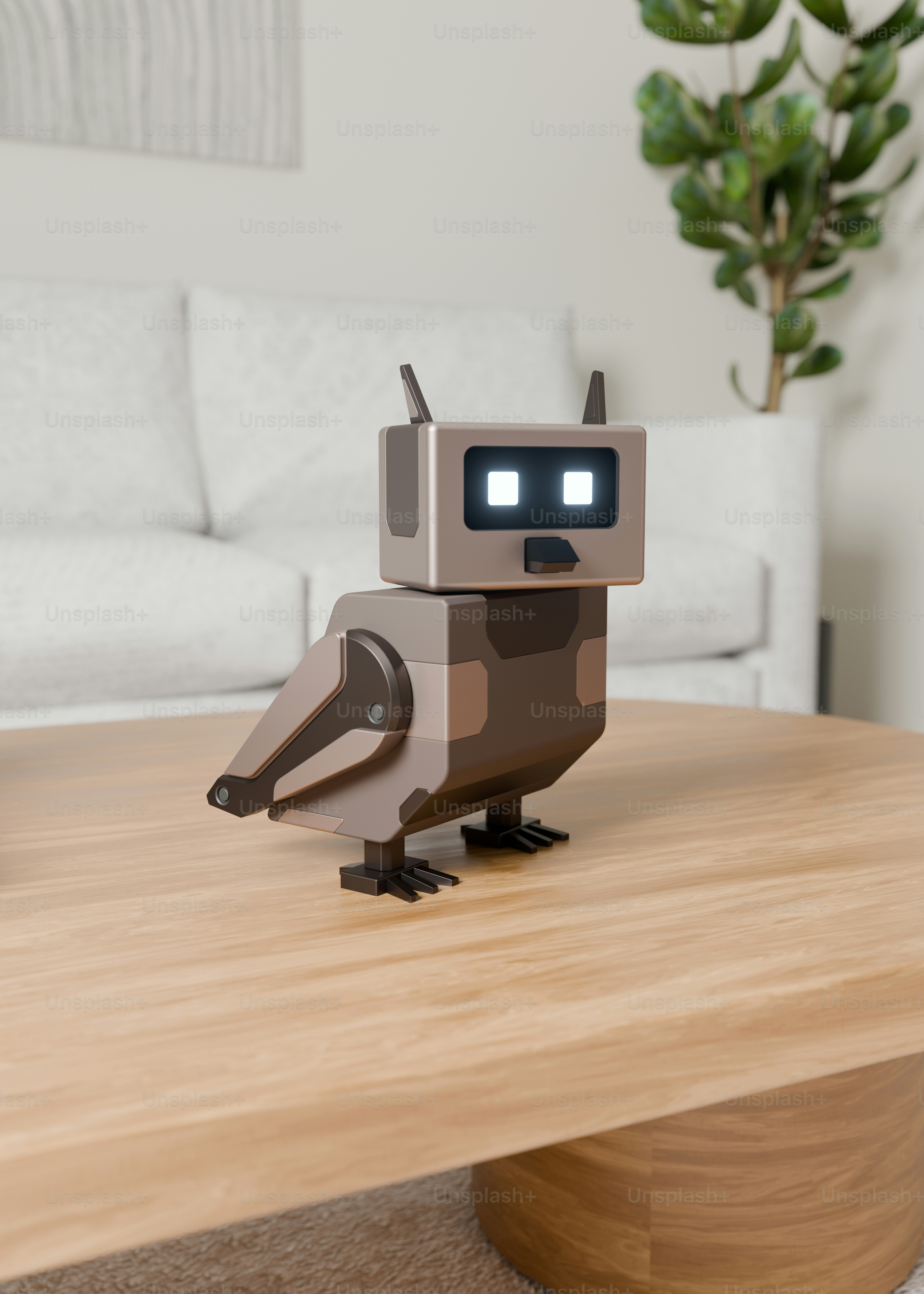 Robotic owl with glowing eyes on a modern wooden table.