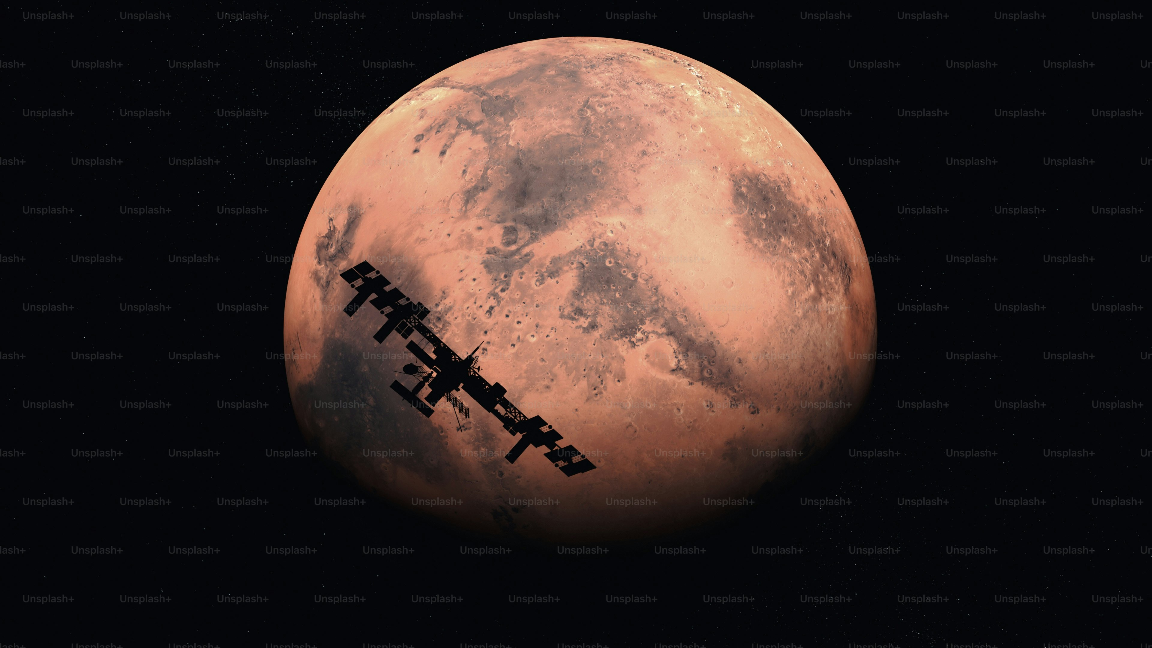 Spaceship silhouetted against the red planet mars.
