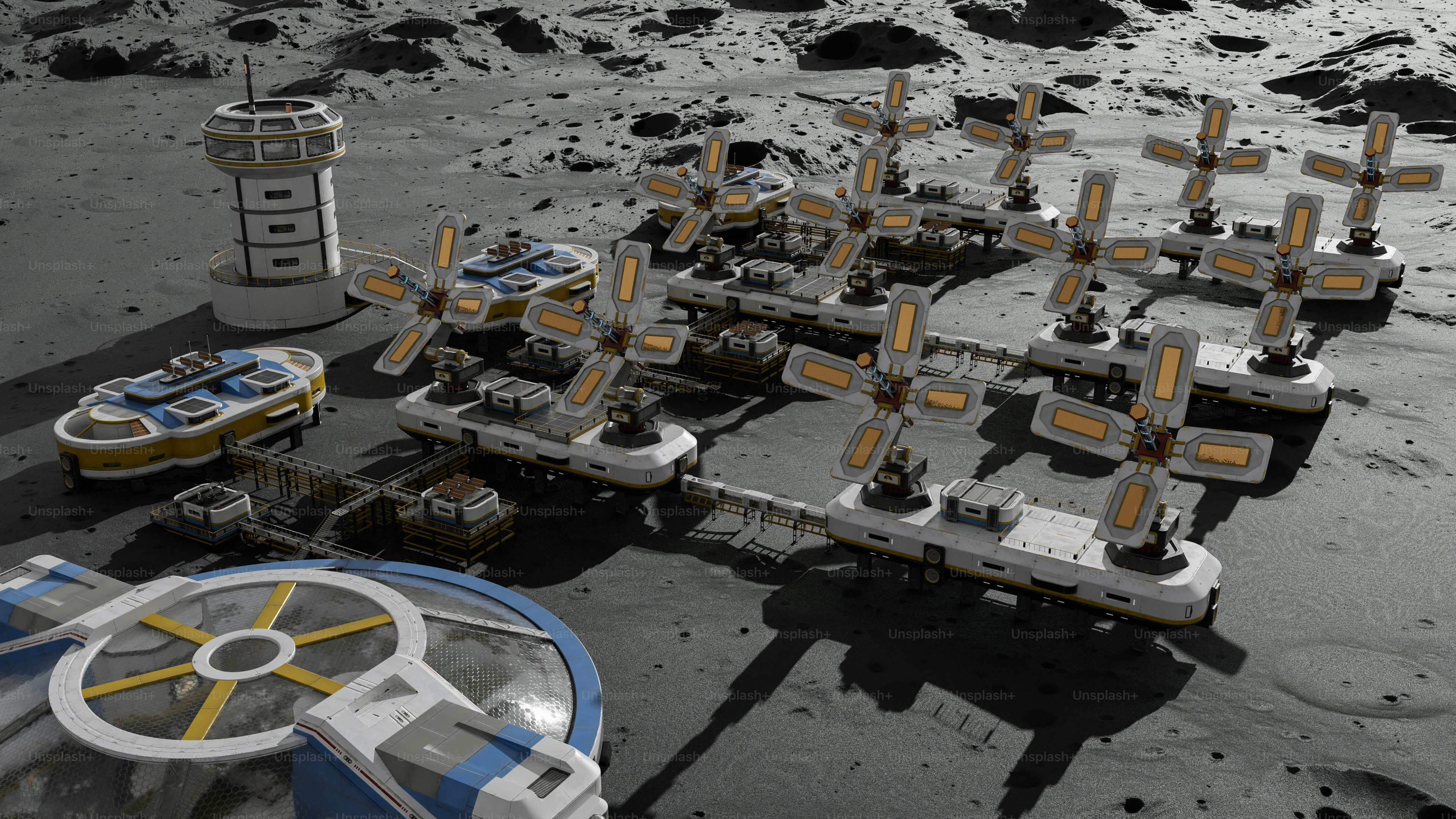Base lunar con aerogeneradores y módulos de vivienda