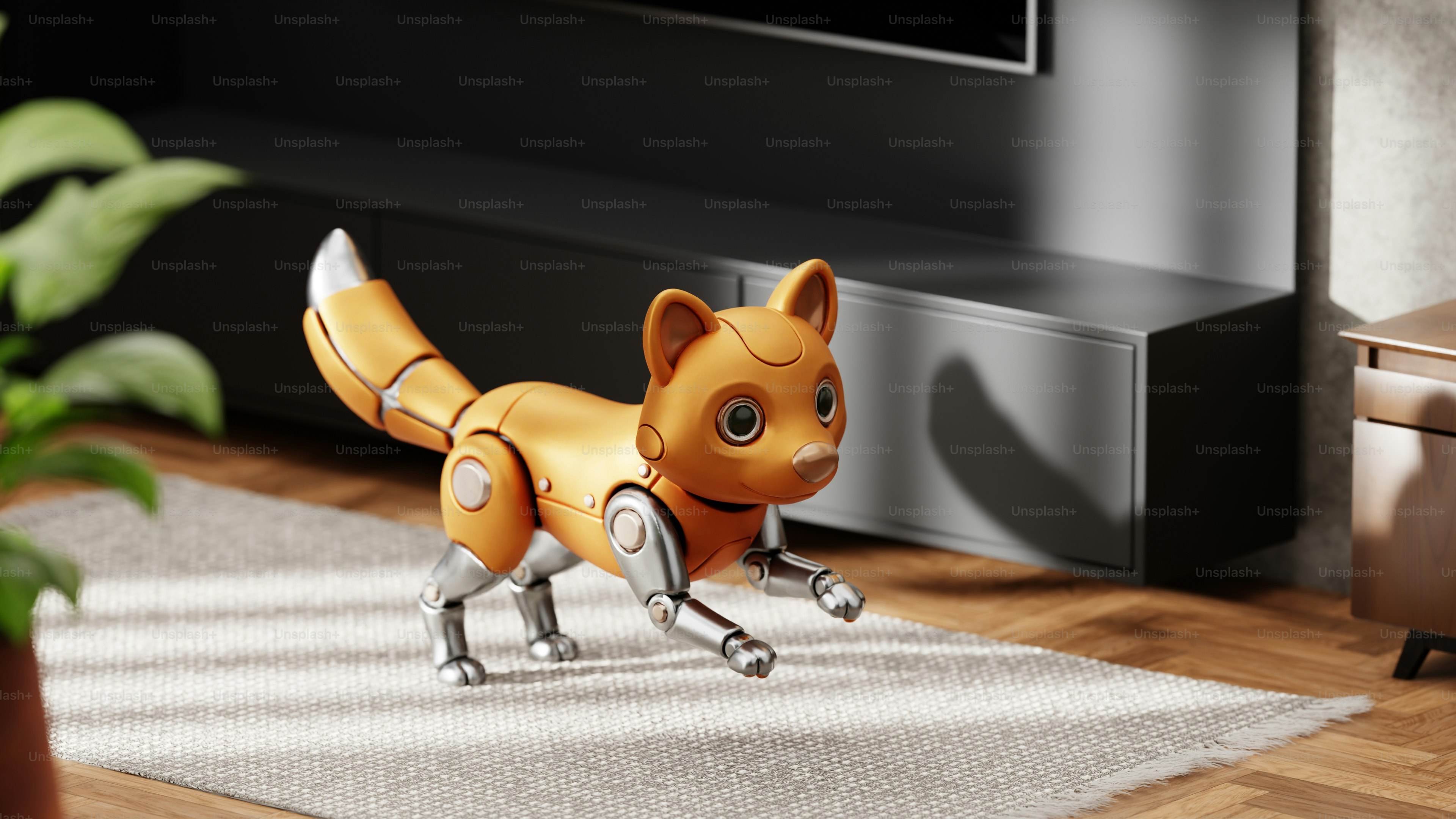A robotic fox with orange fur and metallic legs walks. photo ...