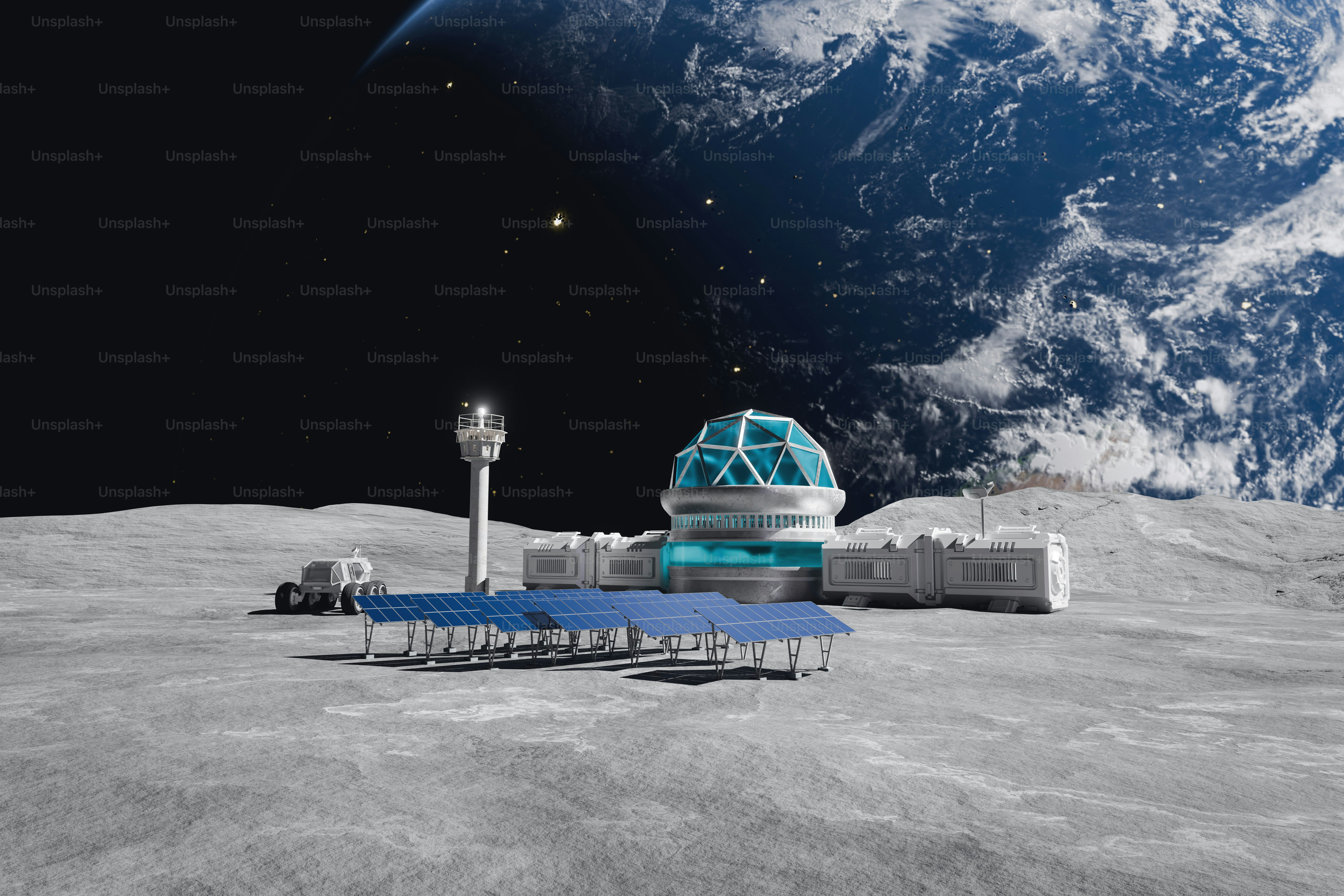 Base lunaire avec la Terre en arrière-plan