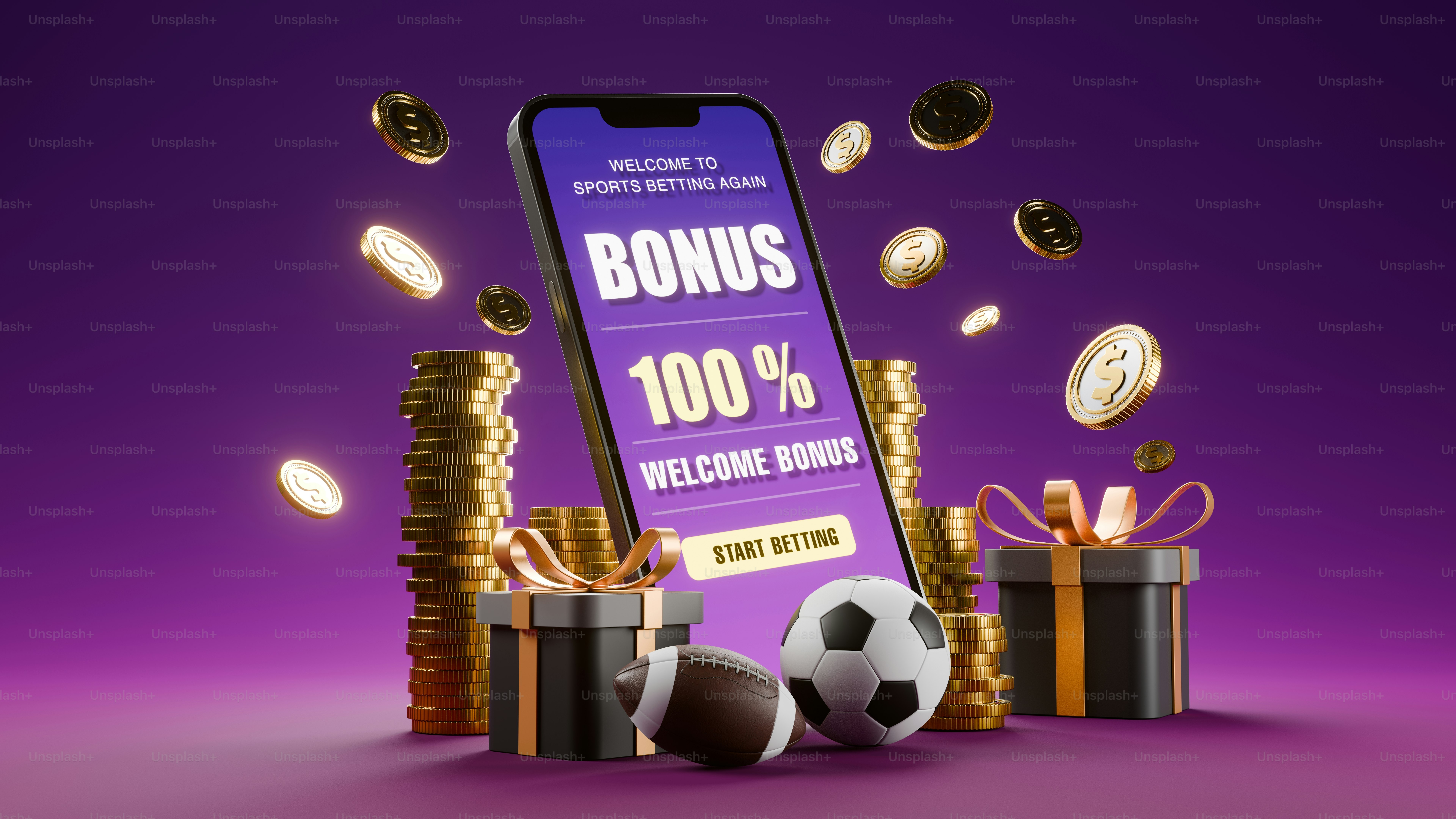 Smartphone displaying 100% bonus with sports and gifts