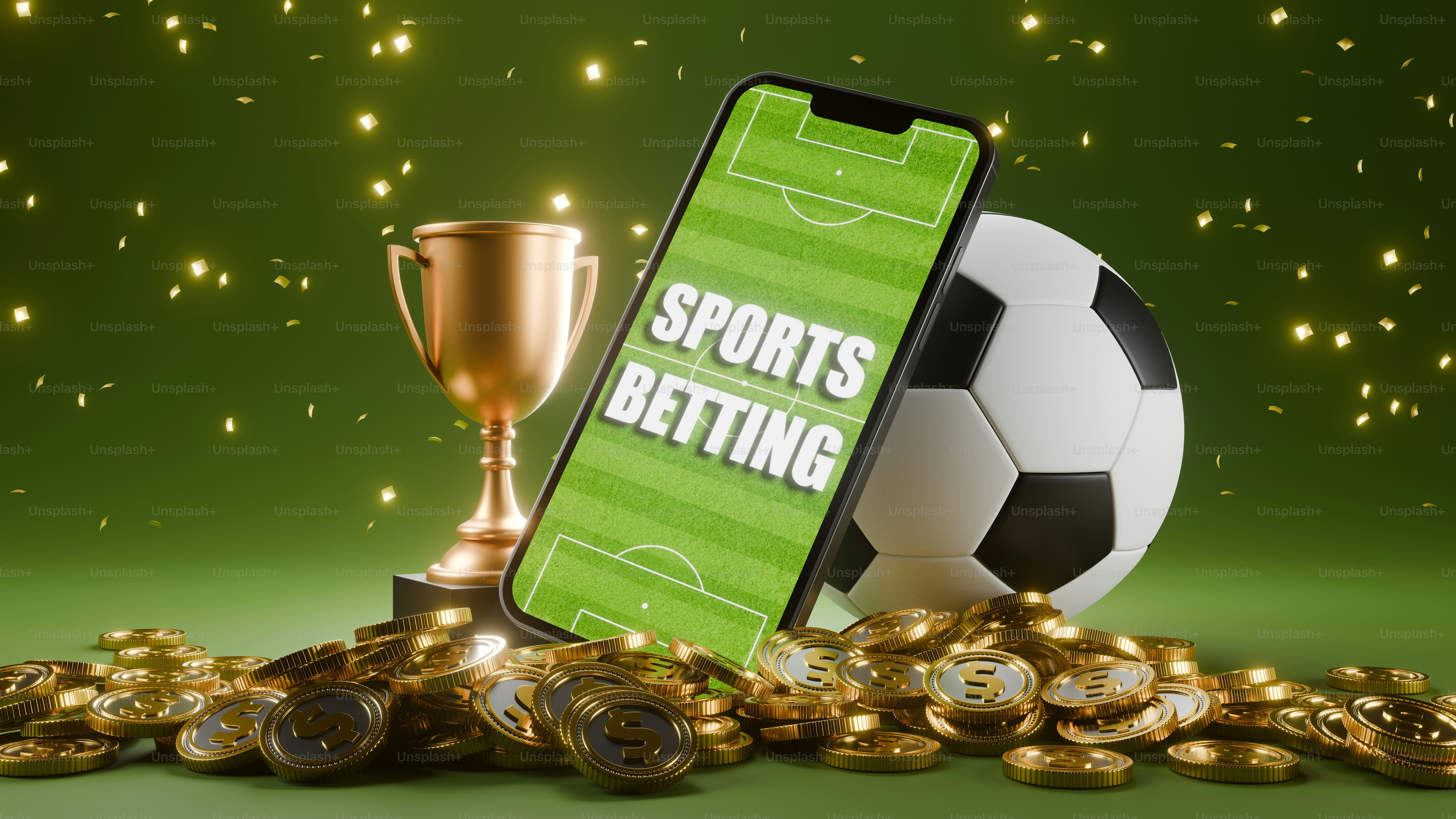 Sports betting concept with trophy, soccer ball, and coins.