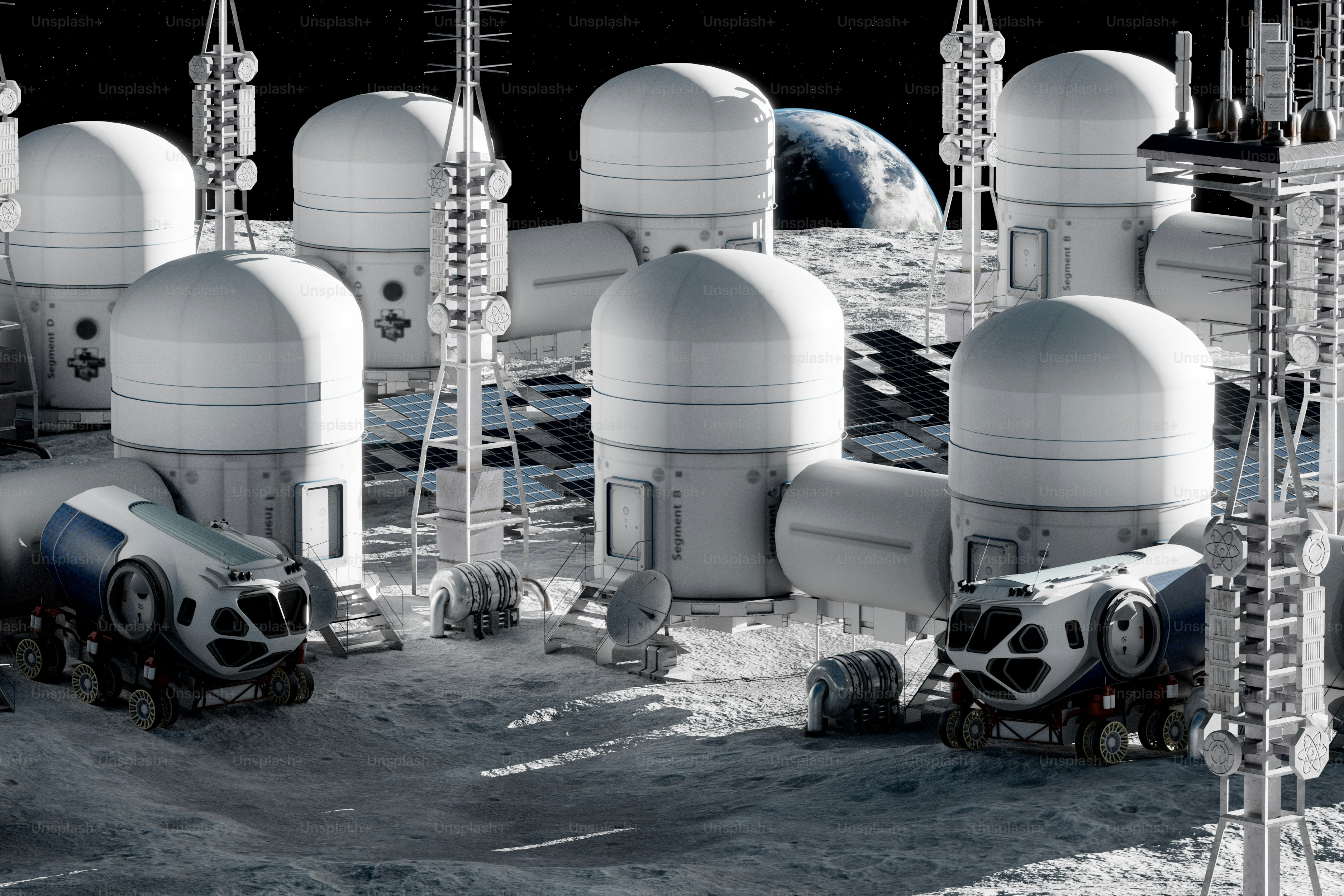 Base lunare con rover e la Terra sullo sfondo