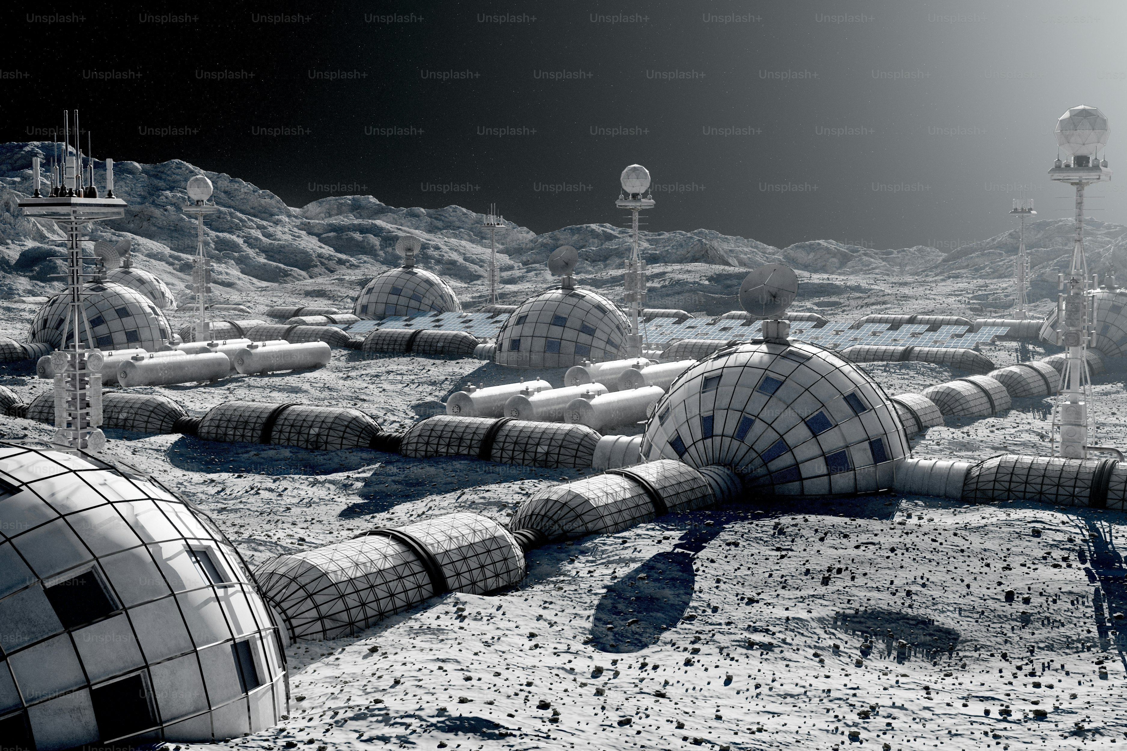 Colonia lunare futuristica con cupole e torri sulla superficie.