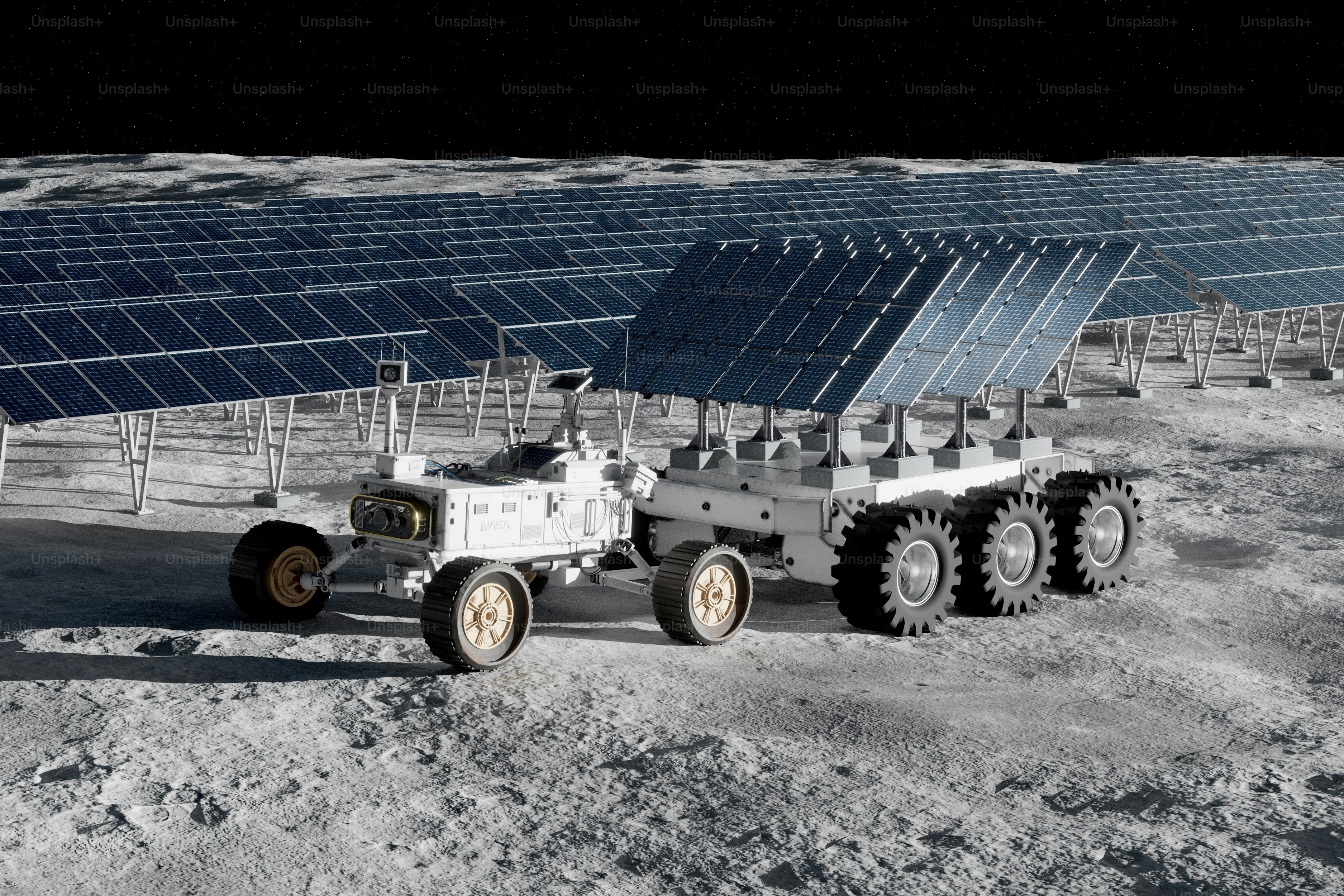 Un rover lunare con pannelli solari sulla luna