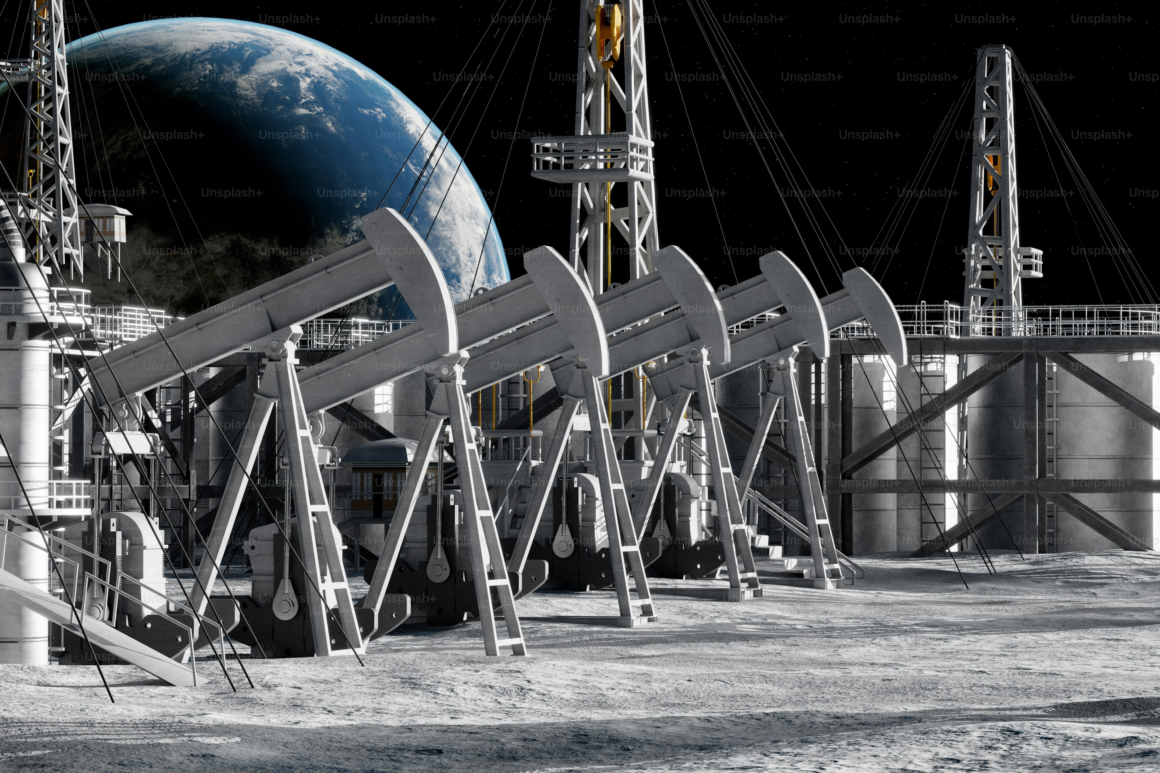 Pompe a petrolio sulla luna con la Terra sullo sfondo