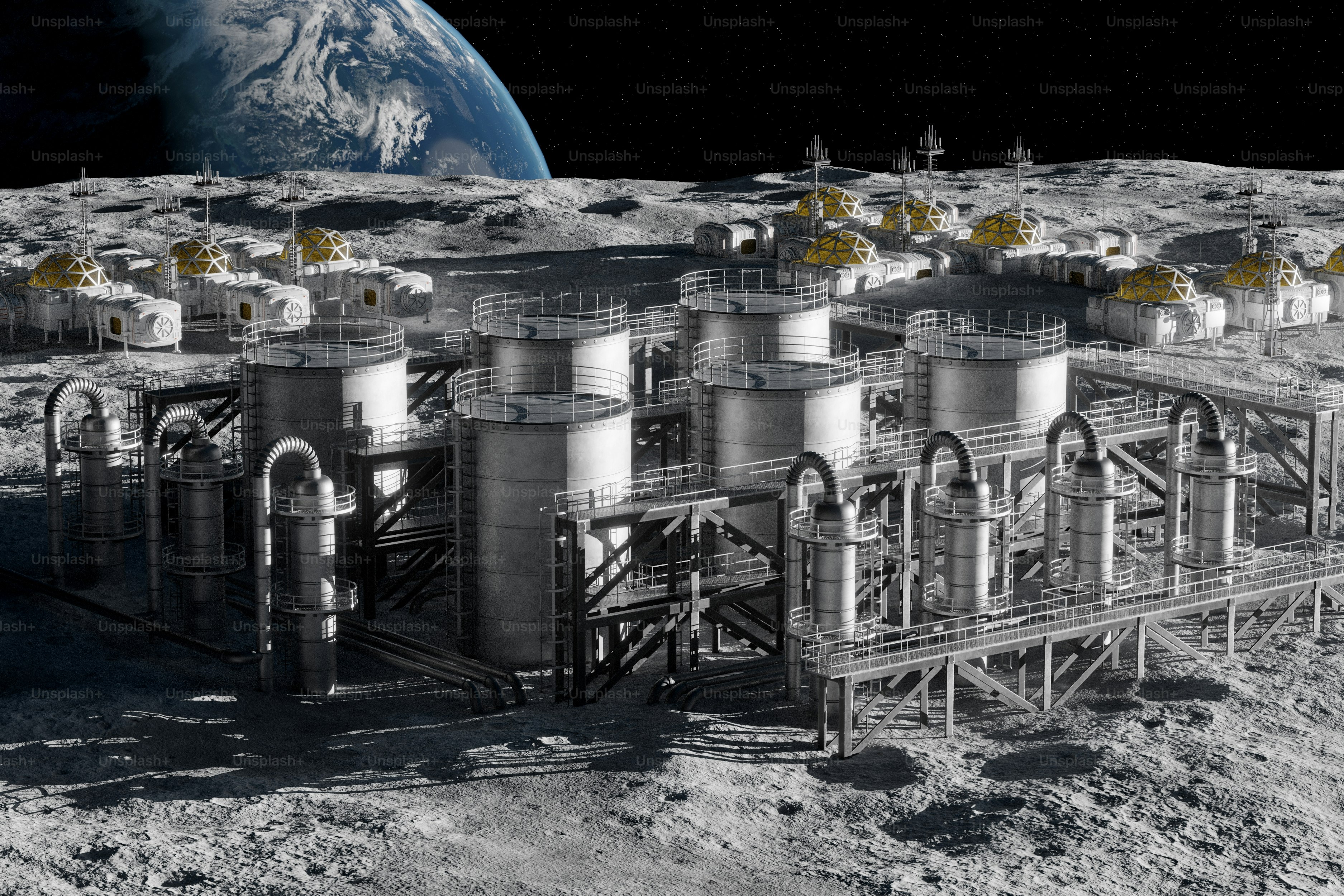 Base lunare con la Terra visibile sullo sfondo.