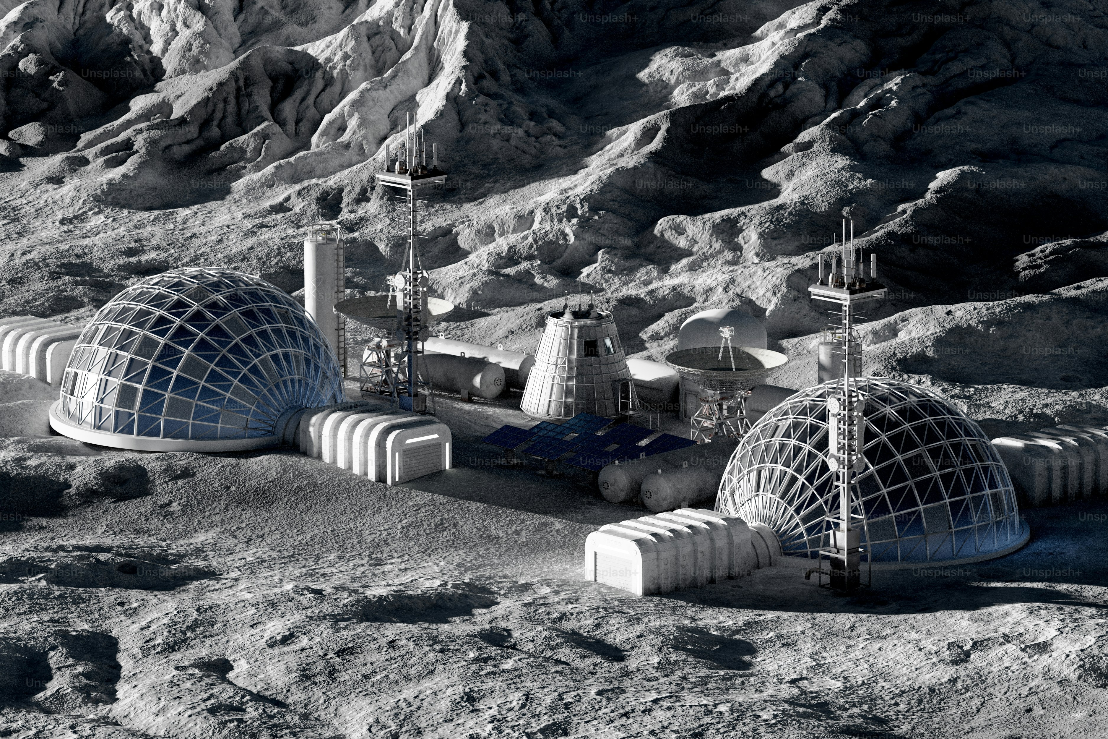 Base lunare futuristica incastonata tra montagne rocciose