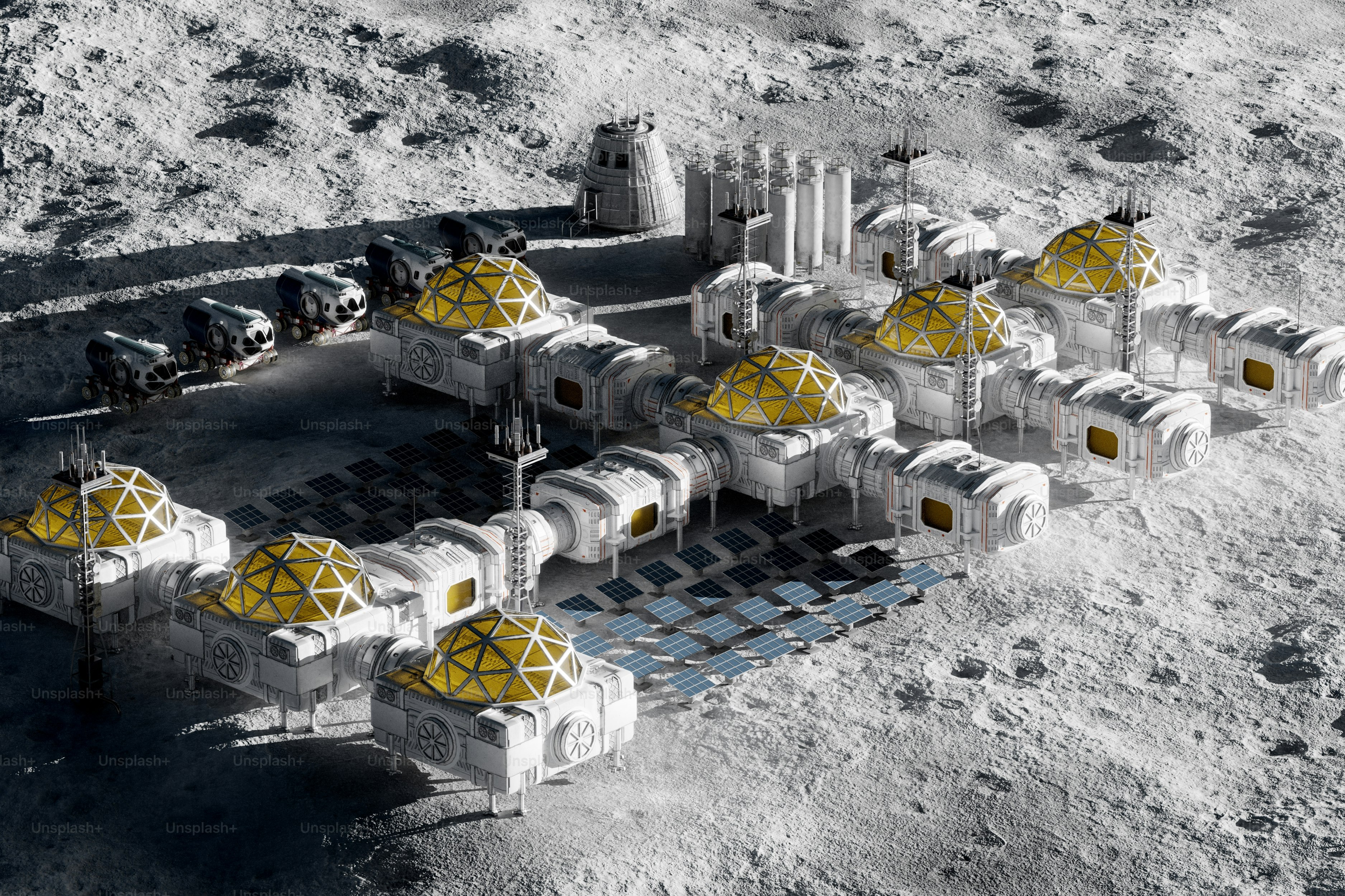 Base lunare con moduli di collegamento e cupole