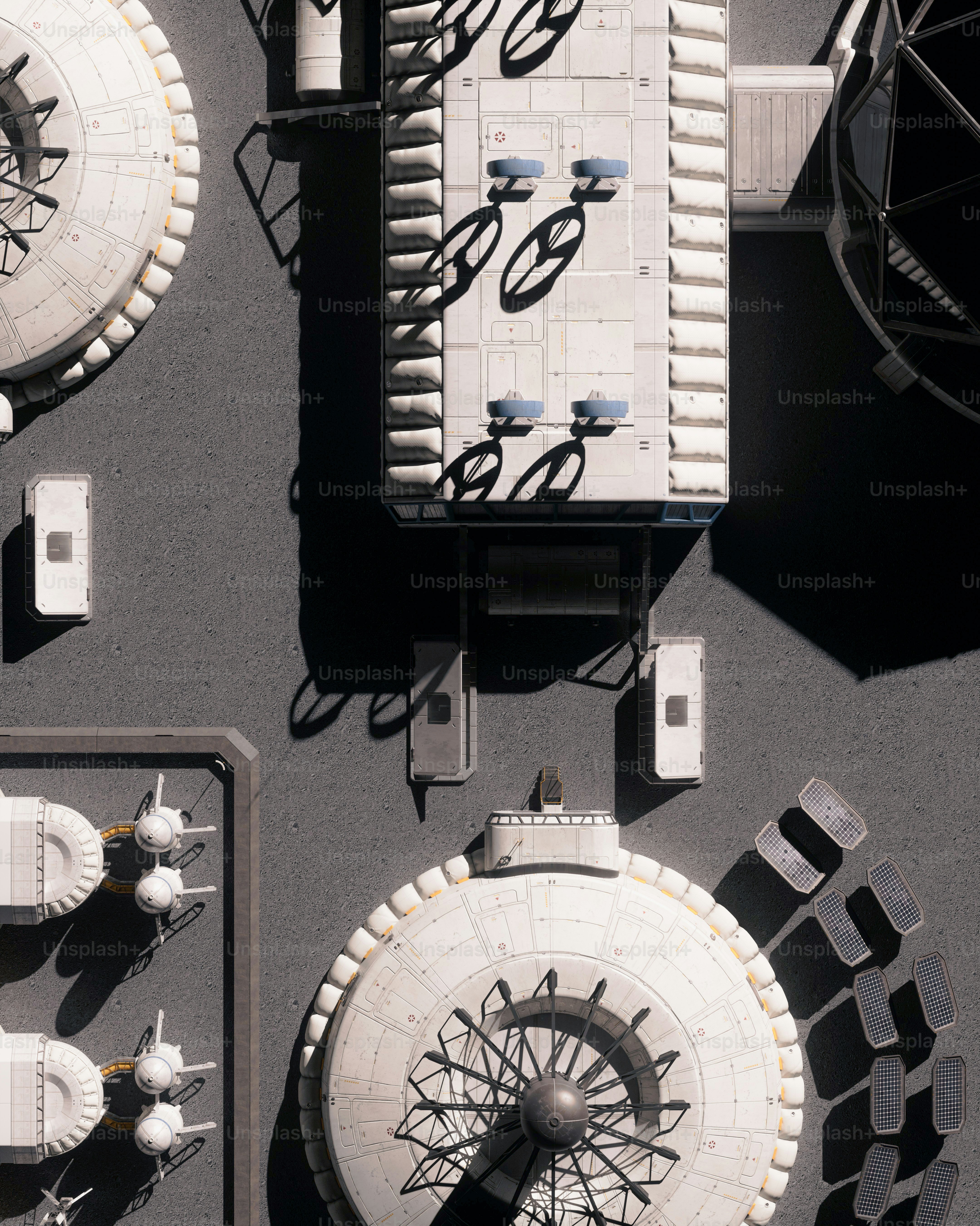 Aerial view of a complex futuristic space base.
